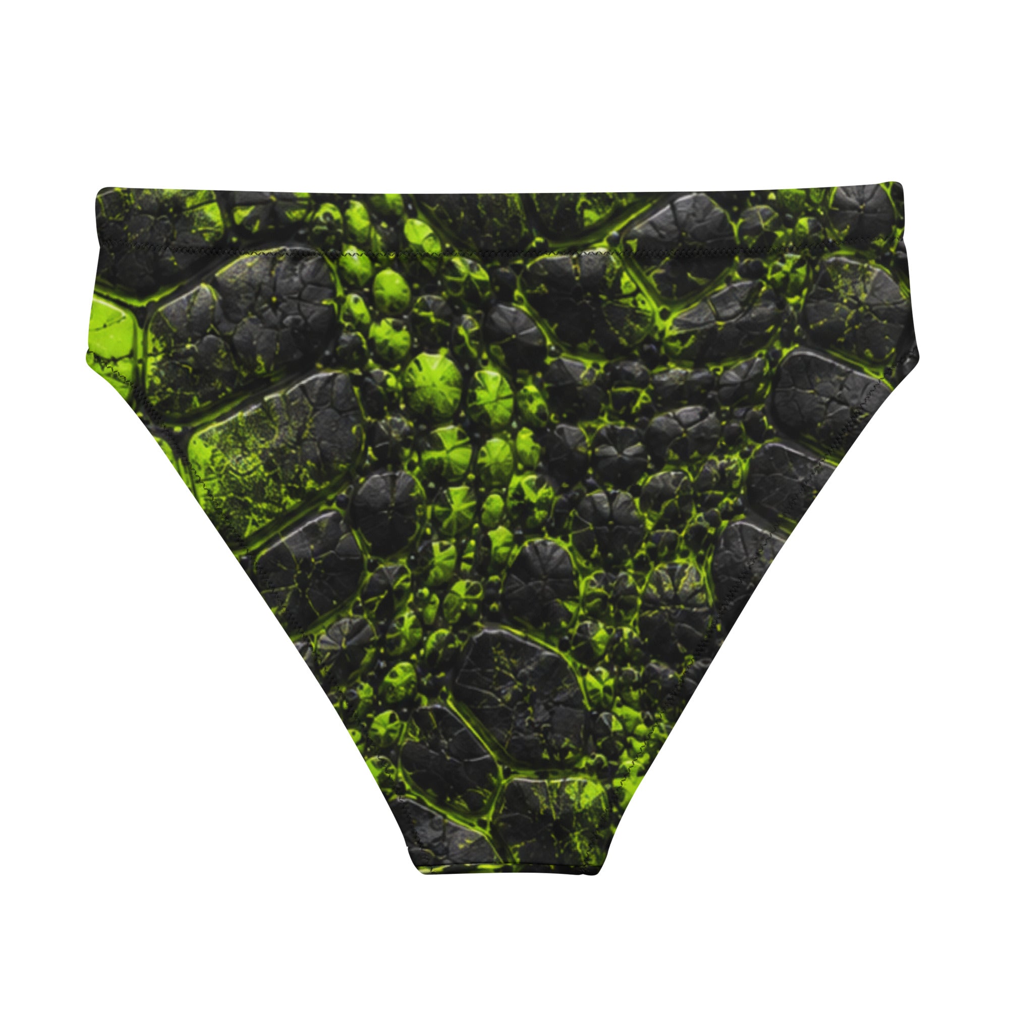 Black and neon green high waisted bikini bottoms with a cracked, prehistoric-inspired textured print.