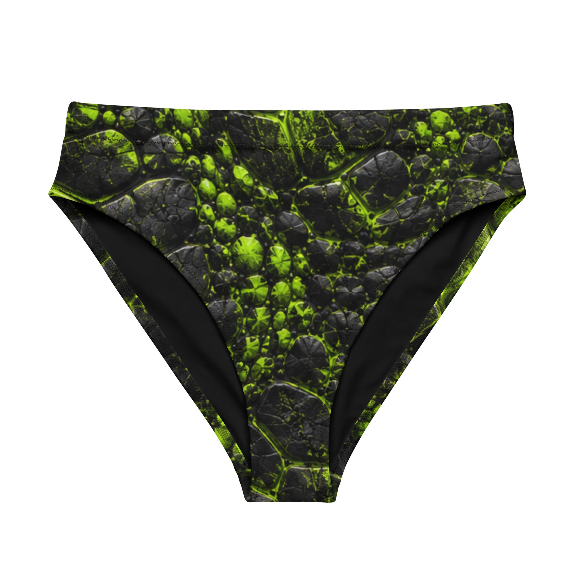 Black high-waisted bikini bottoms with a neon green and black cracked prehistoric-inspired texture print.