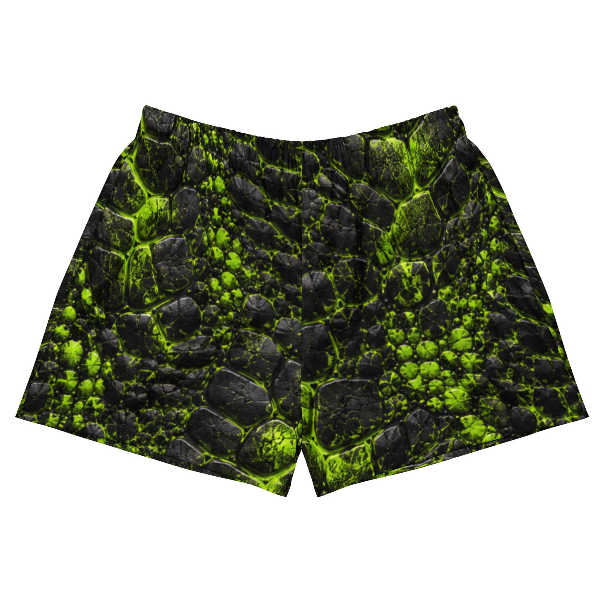 Black and neon green shorts with a cracked, prehistoric-textured print, shown flat from the front.