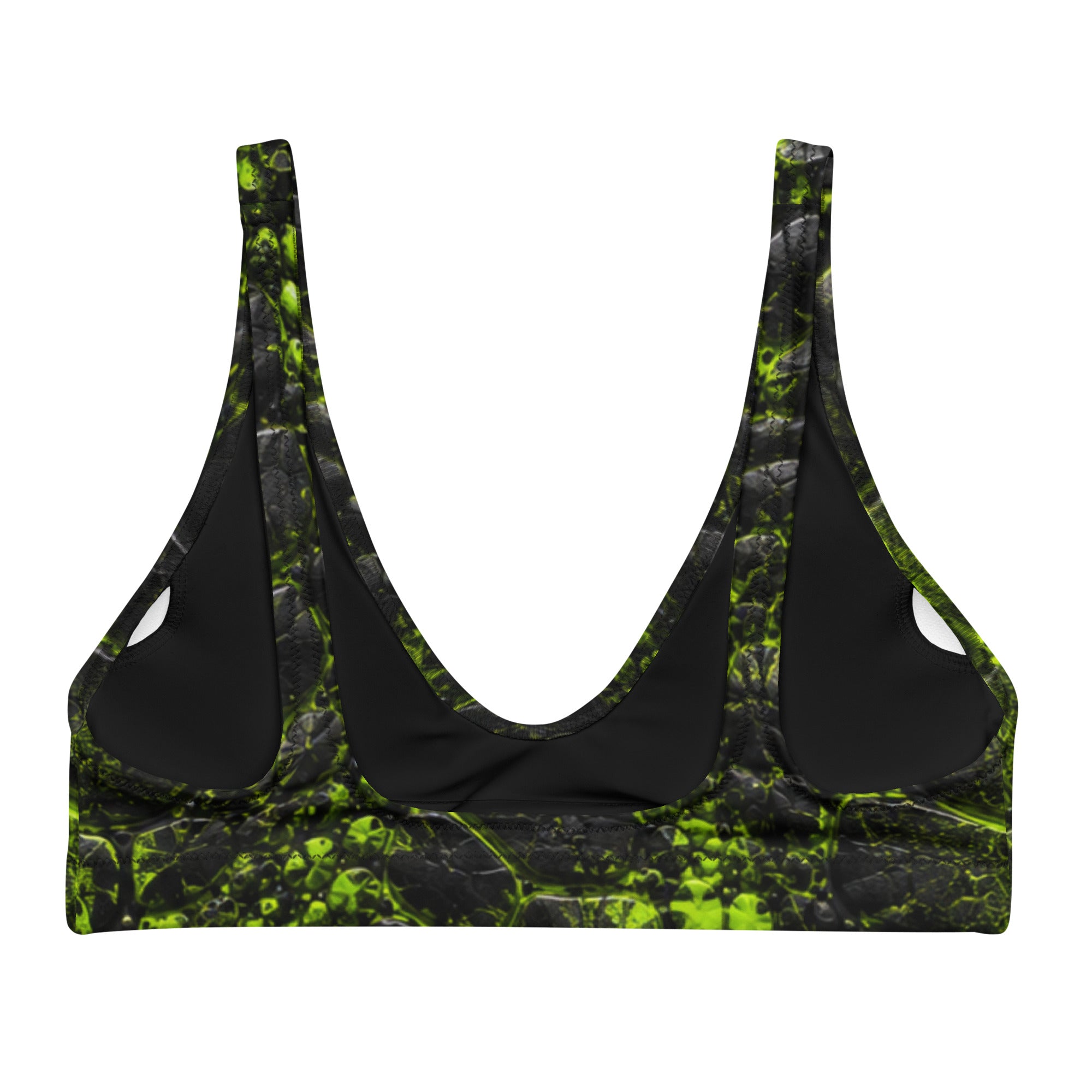 Black bralette top with neon green cracked prehistoric-texture straps and trim, deep V neckline, laid flat.