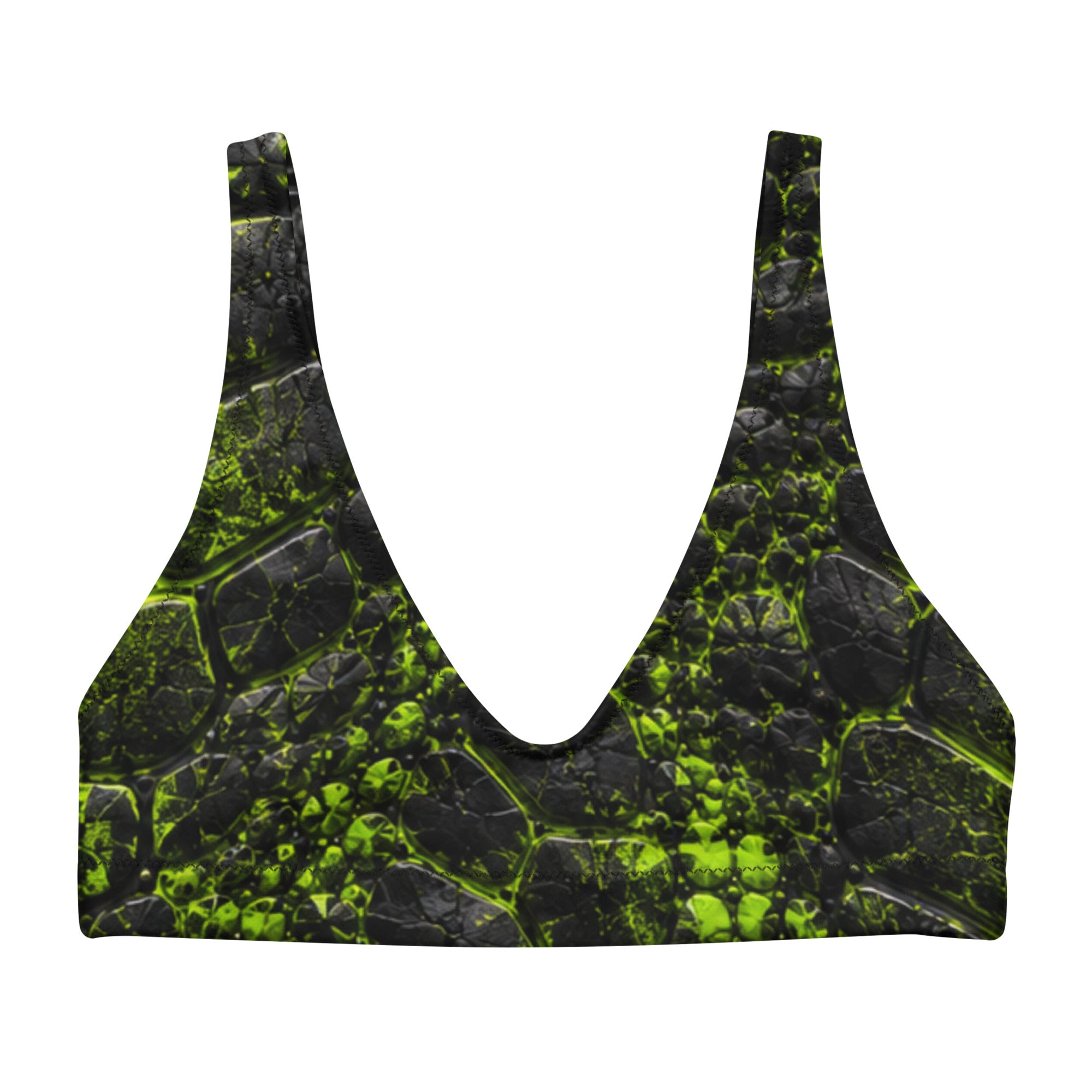 Black bikini top with neon green cracked, prehistoric-inspired texture print and V-neckline.