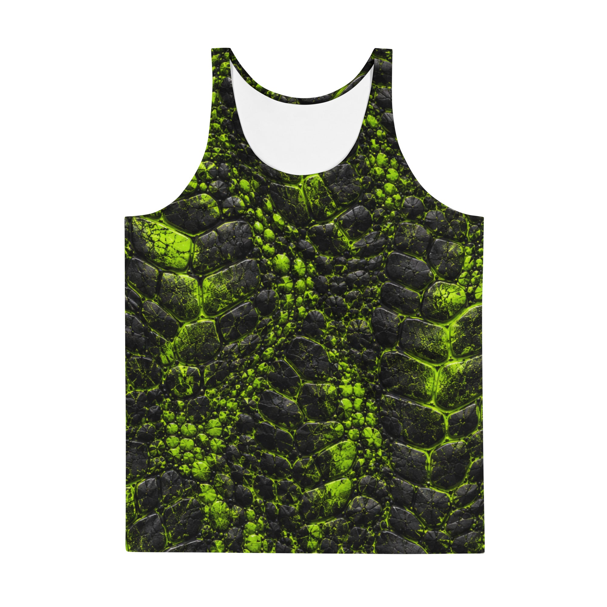 Black tank top with a neon green and black cracked, reptilian-textured all-over print.