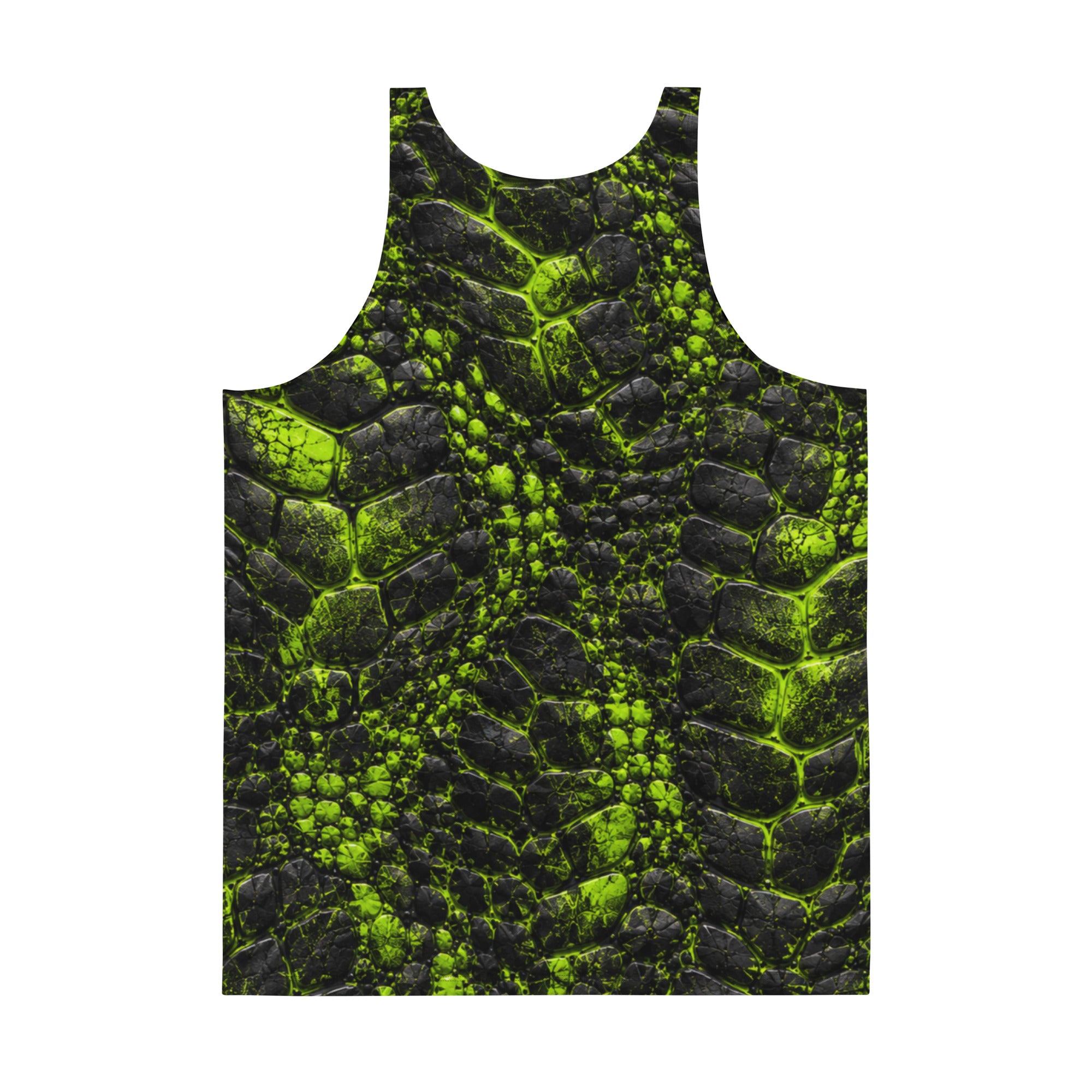 Black tank top with neon green cracked, reptilian-textured all-over print, back view flat lay.
