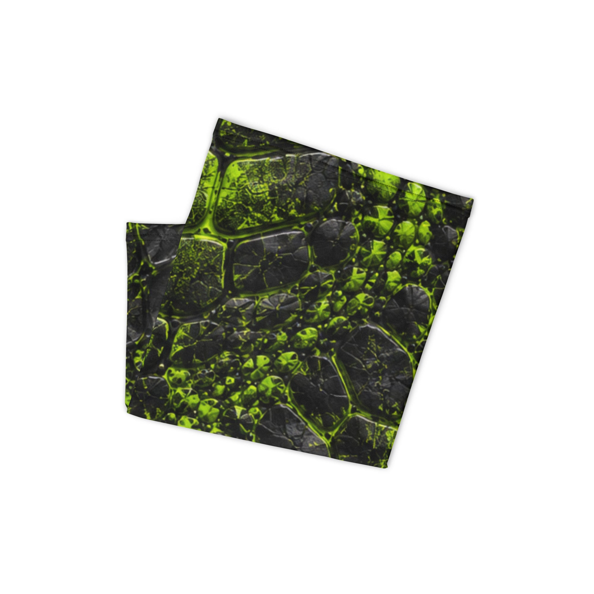Folded black bandana with neon green cracked, prehistoric-inspired texture from the Ravage collection.