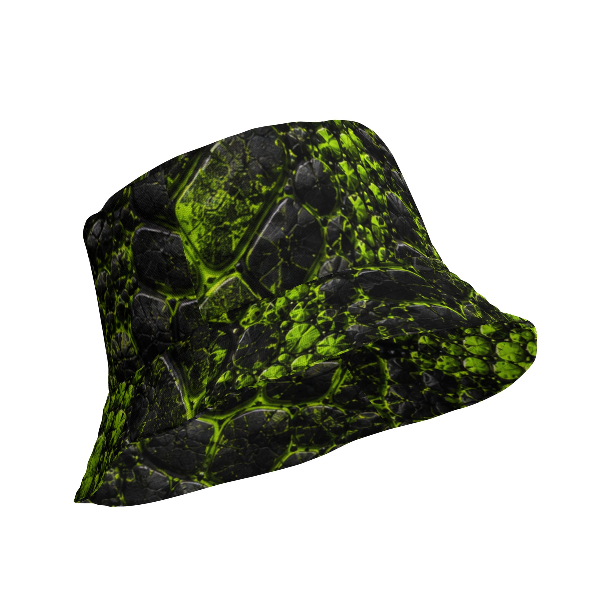 Angled view of a bucket hat with a black and neon green cracked, prehistoric-textured pattern.
