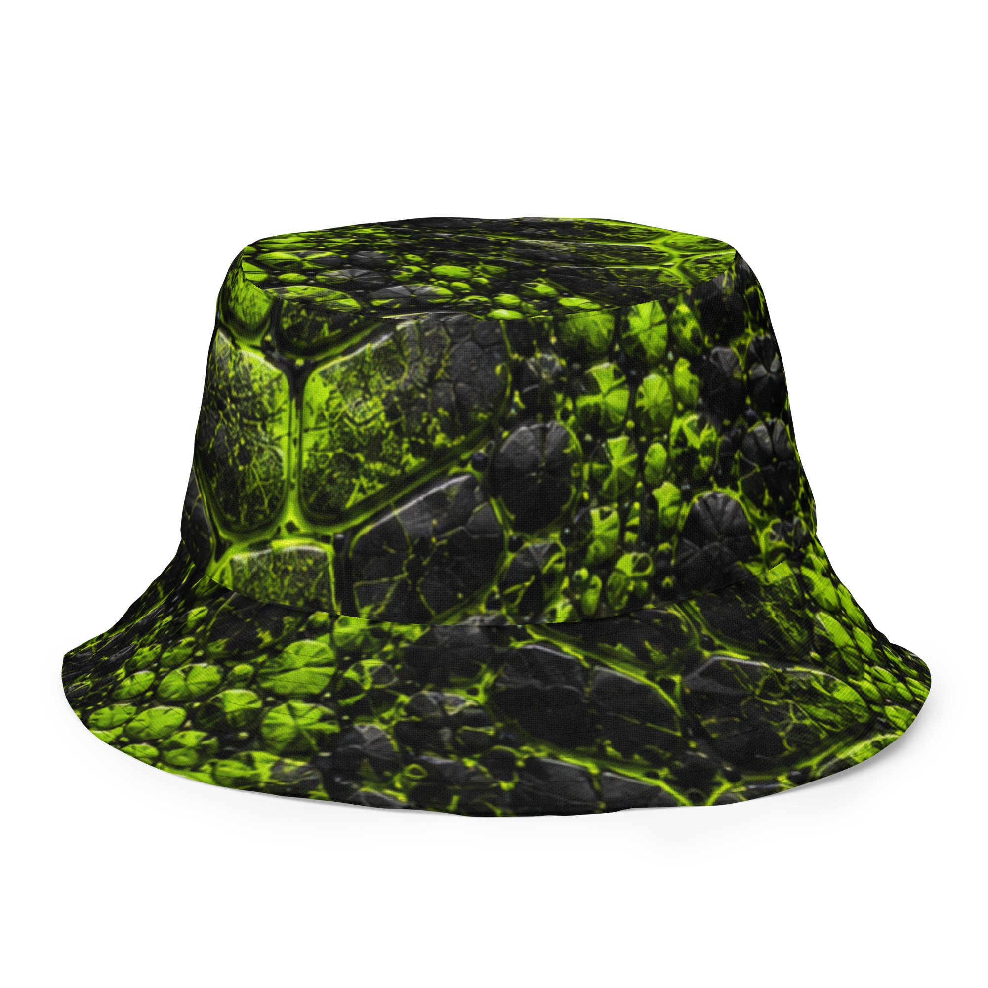 Black bucket hat with neon green cracked, prehistoric-style texture print, shown from a side angle.