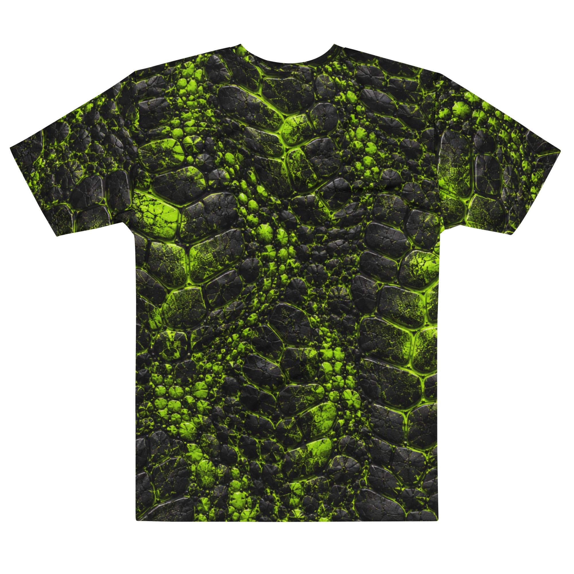 Black t-shirt with neon green cracked, prehistoric-textured all-over print, back view.