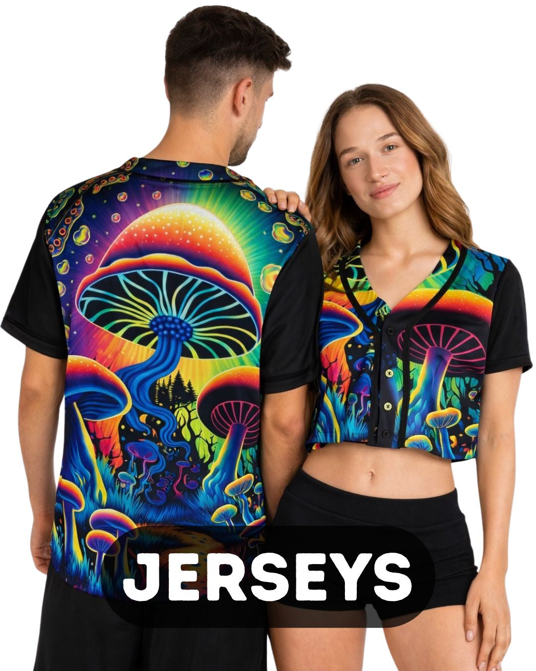 Two people wearing colorful jerseys with mushroom designs, labeled 'Jerseys'.