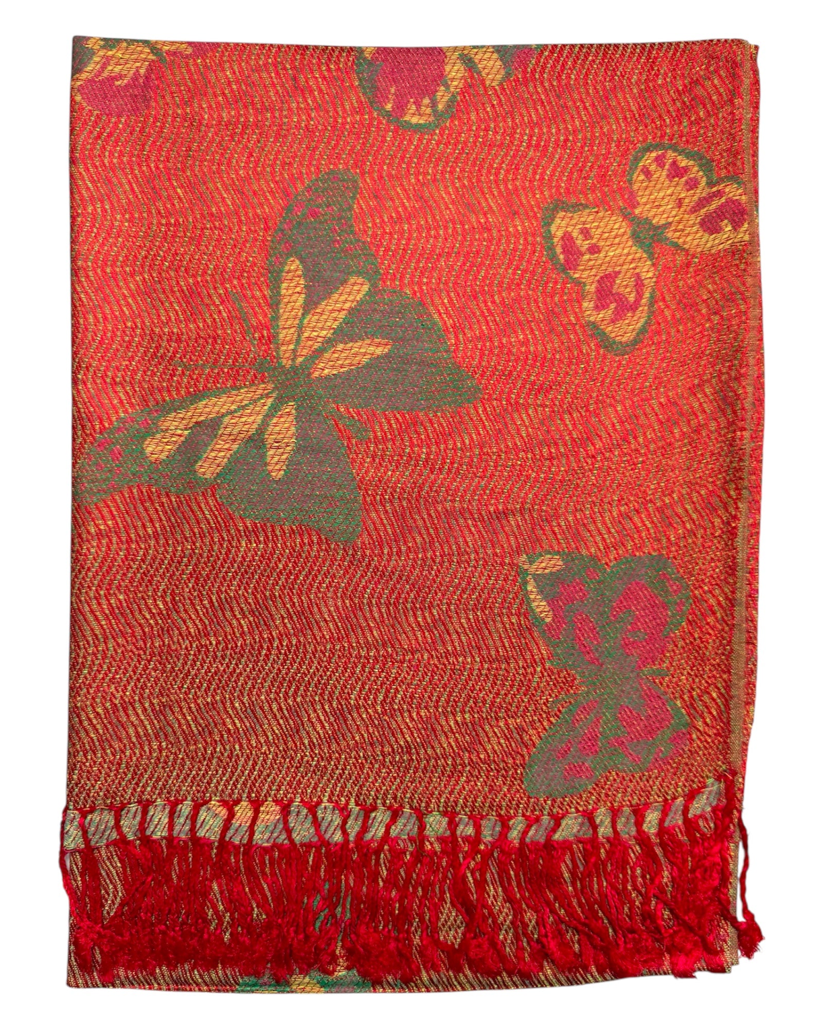 Red woven fabric pashmina with butterfly patterns on a white background