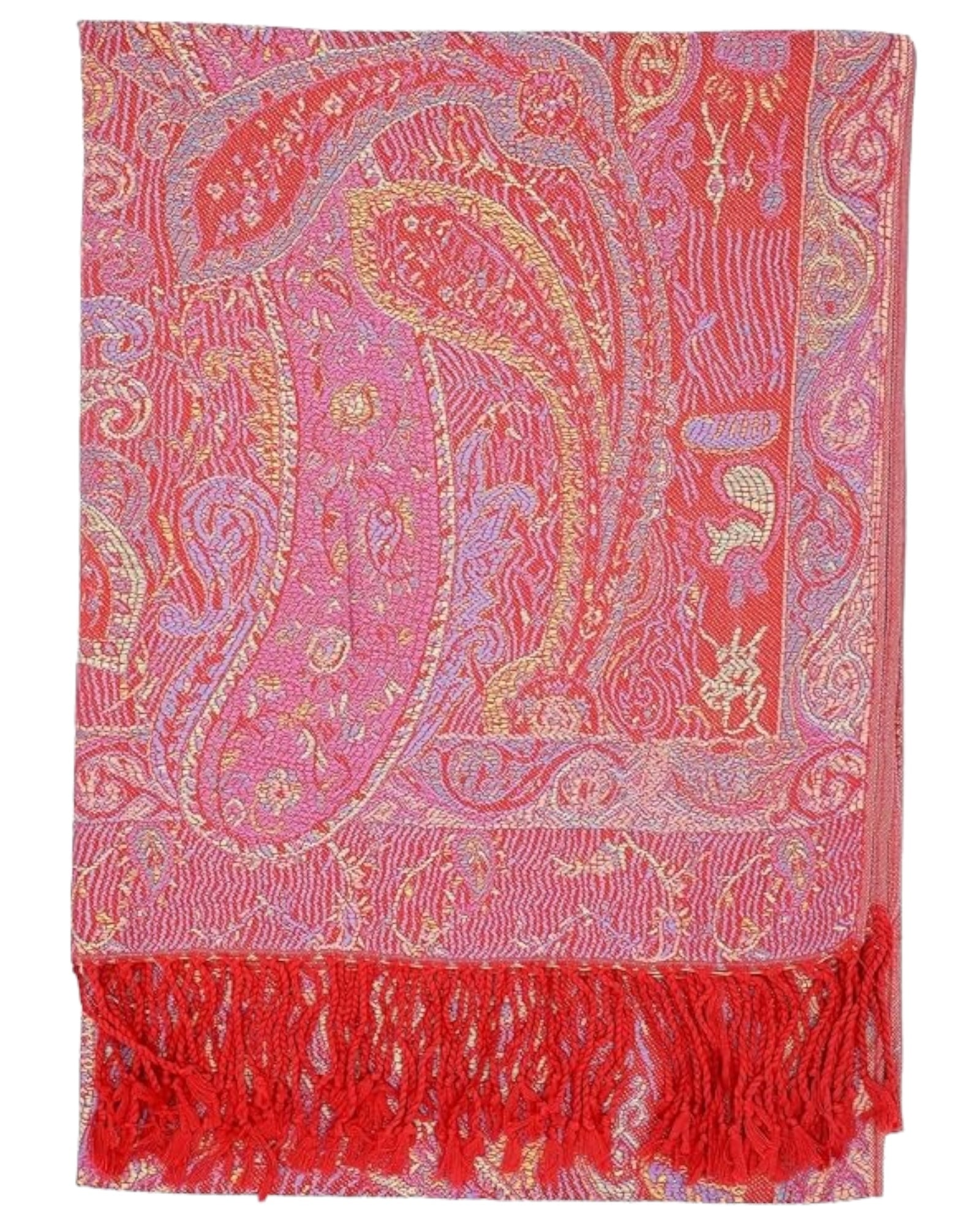 A red pashmina with paisley patterns and fringes displayed on a white background.