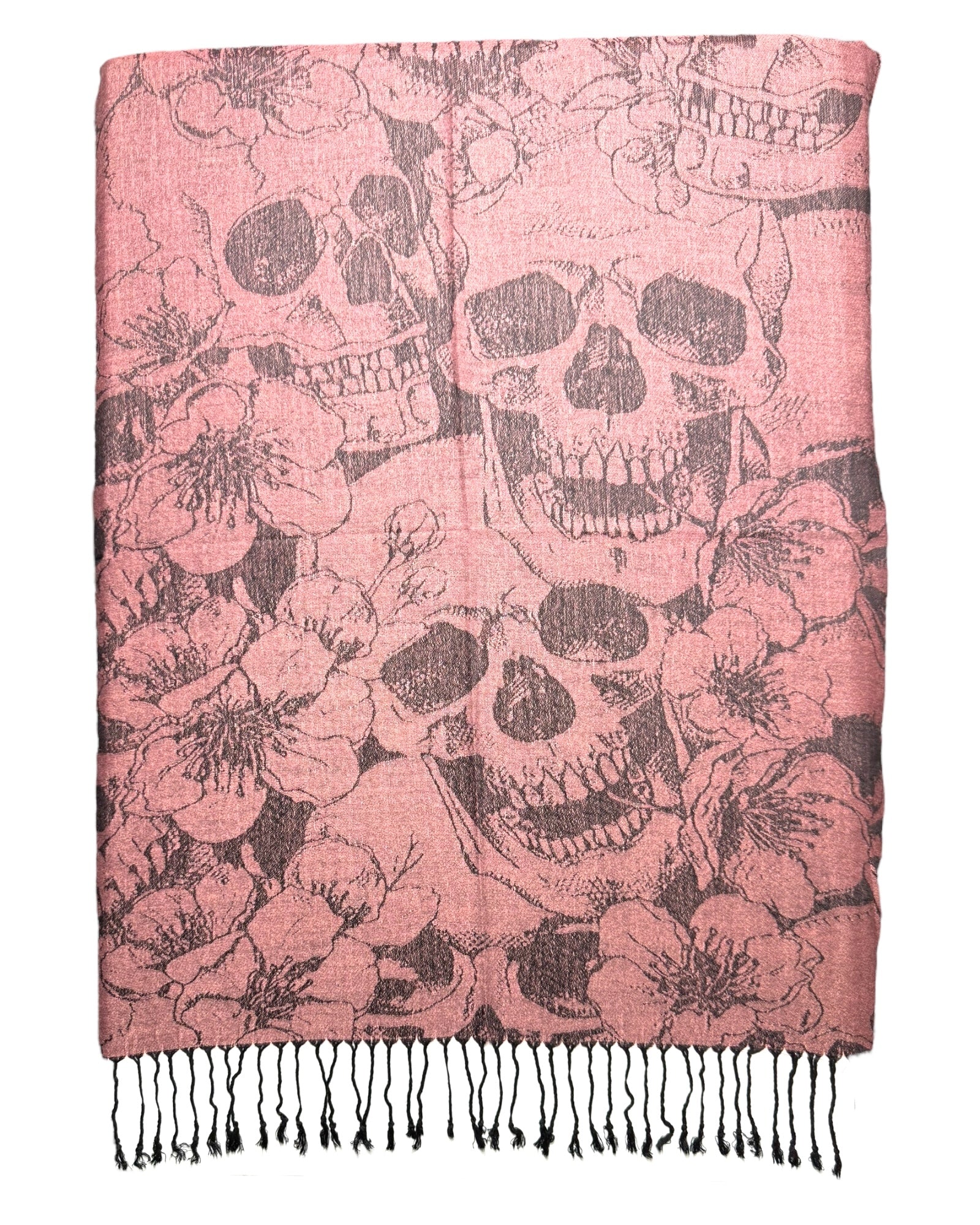 Pink scarf with black skull and floral patterns on a white background