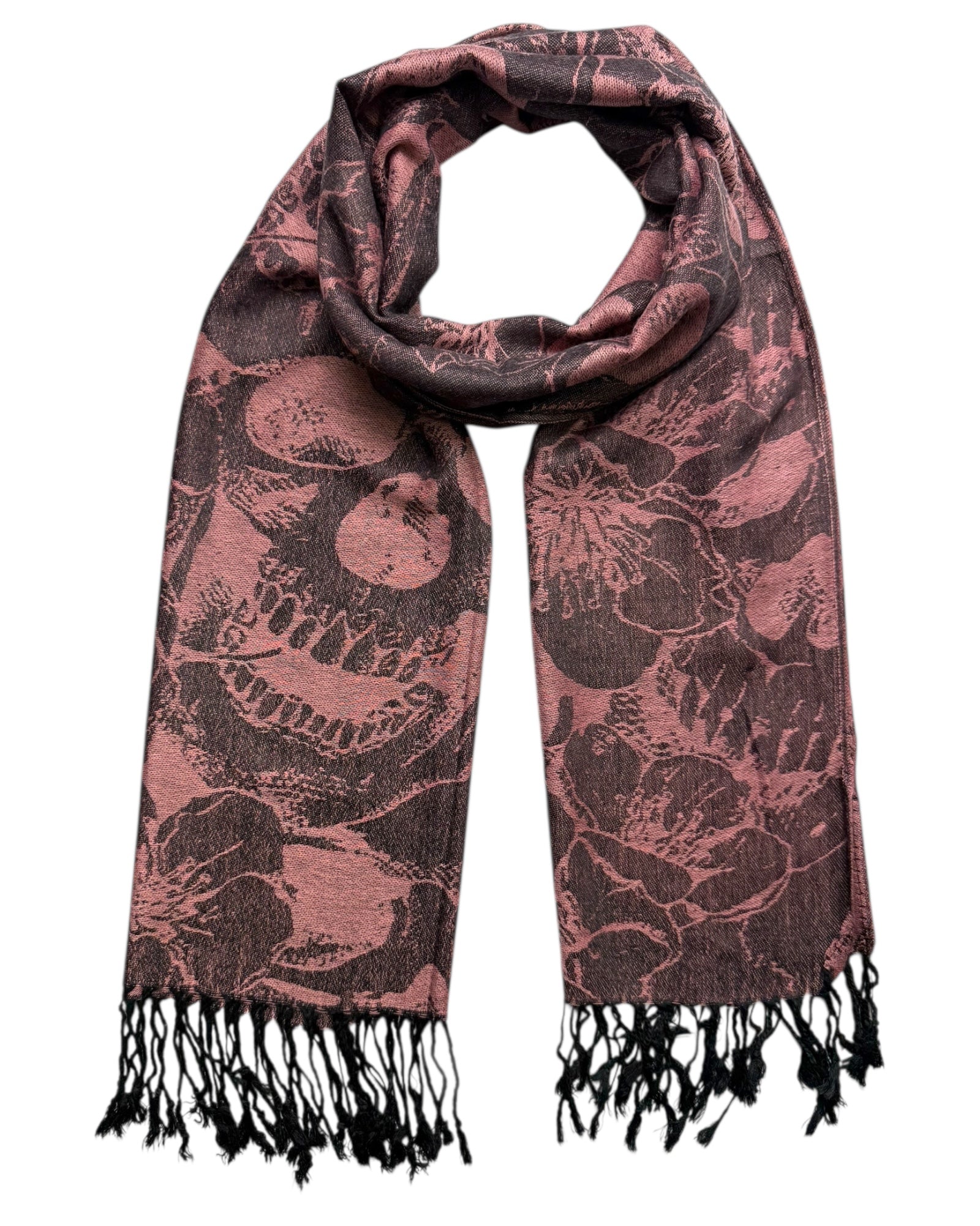 Scarf with skull pattern and black tassels on a white background