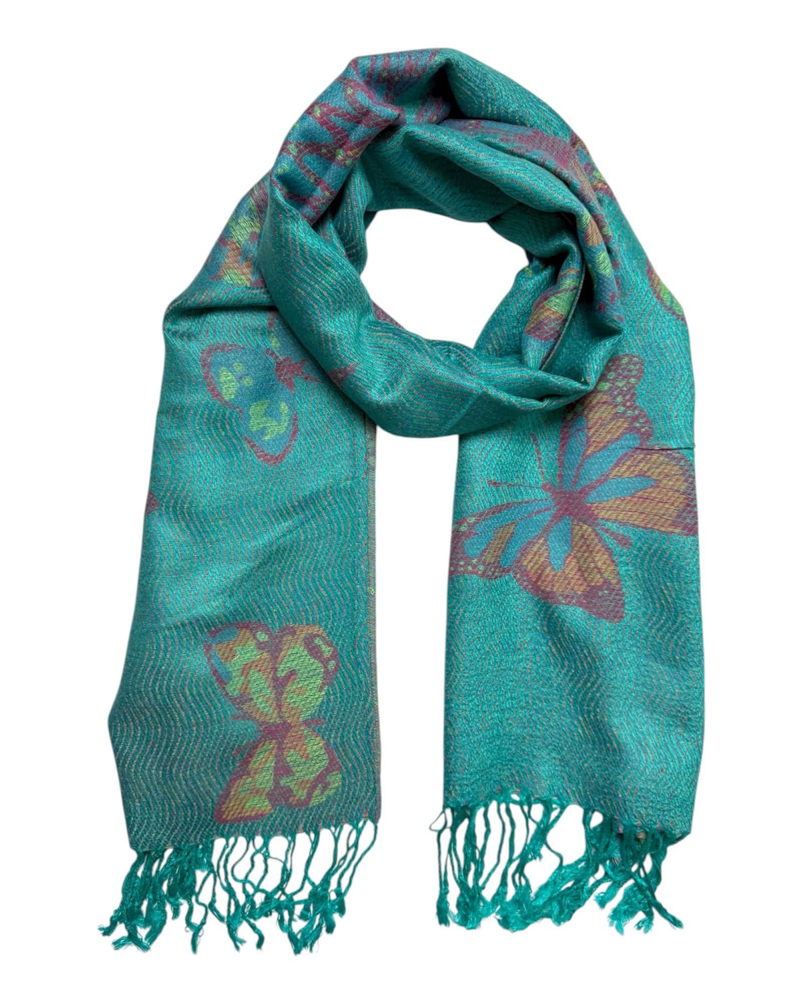 Teal scarf with butterfly patterns on a white background
