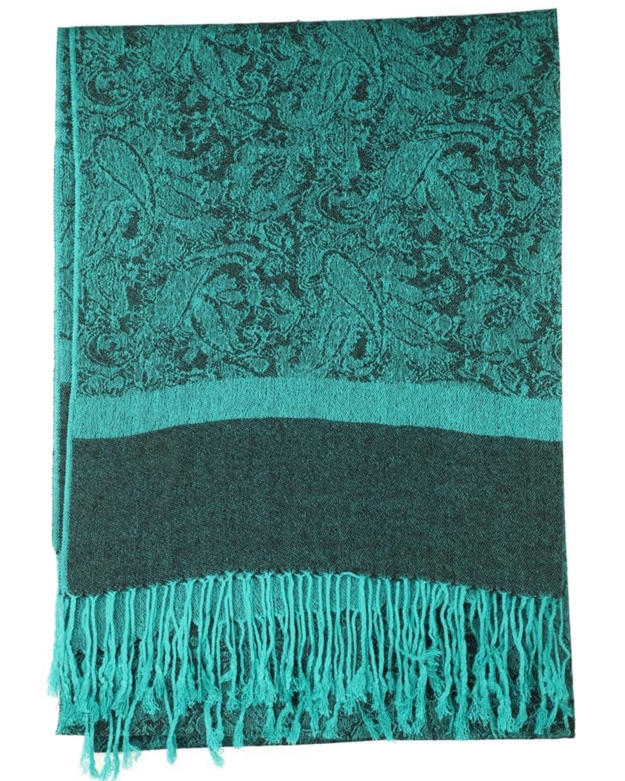 A seafoam green pashmina with paisley patterns and fringes displayed on a white background.