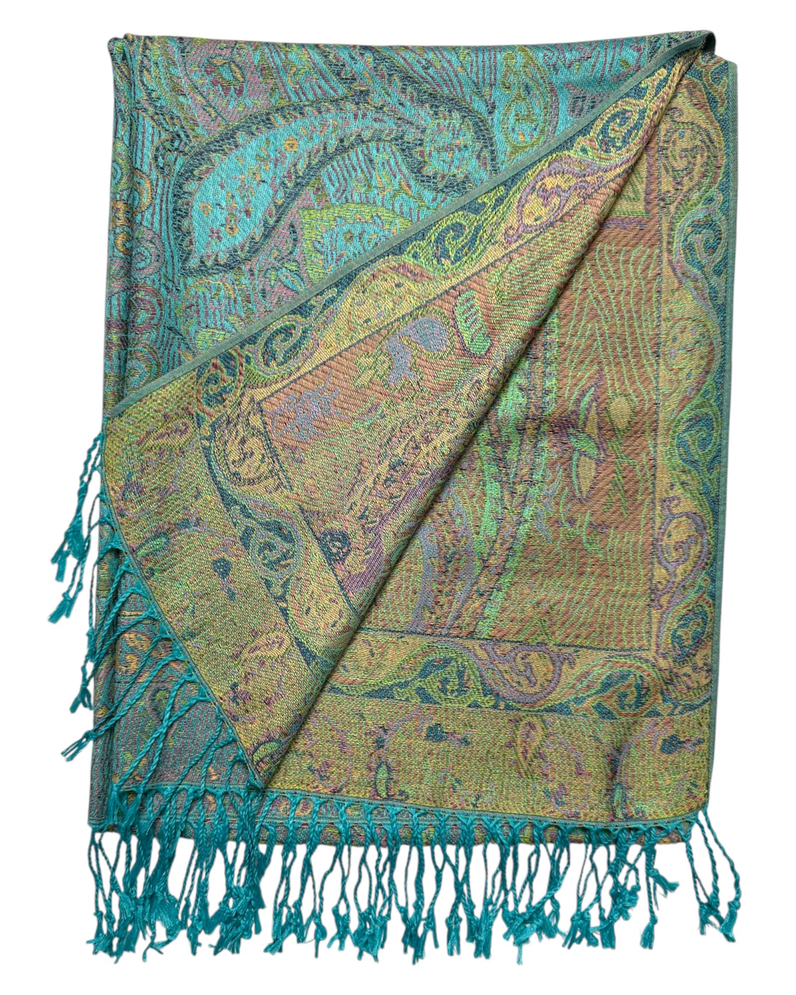 Paisley patterned throw blanket with fringes on a white background