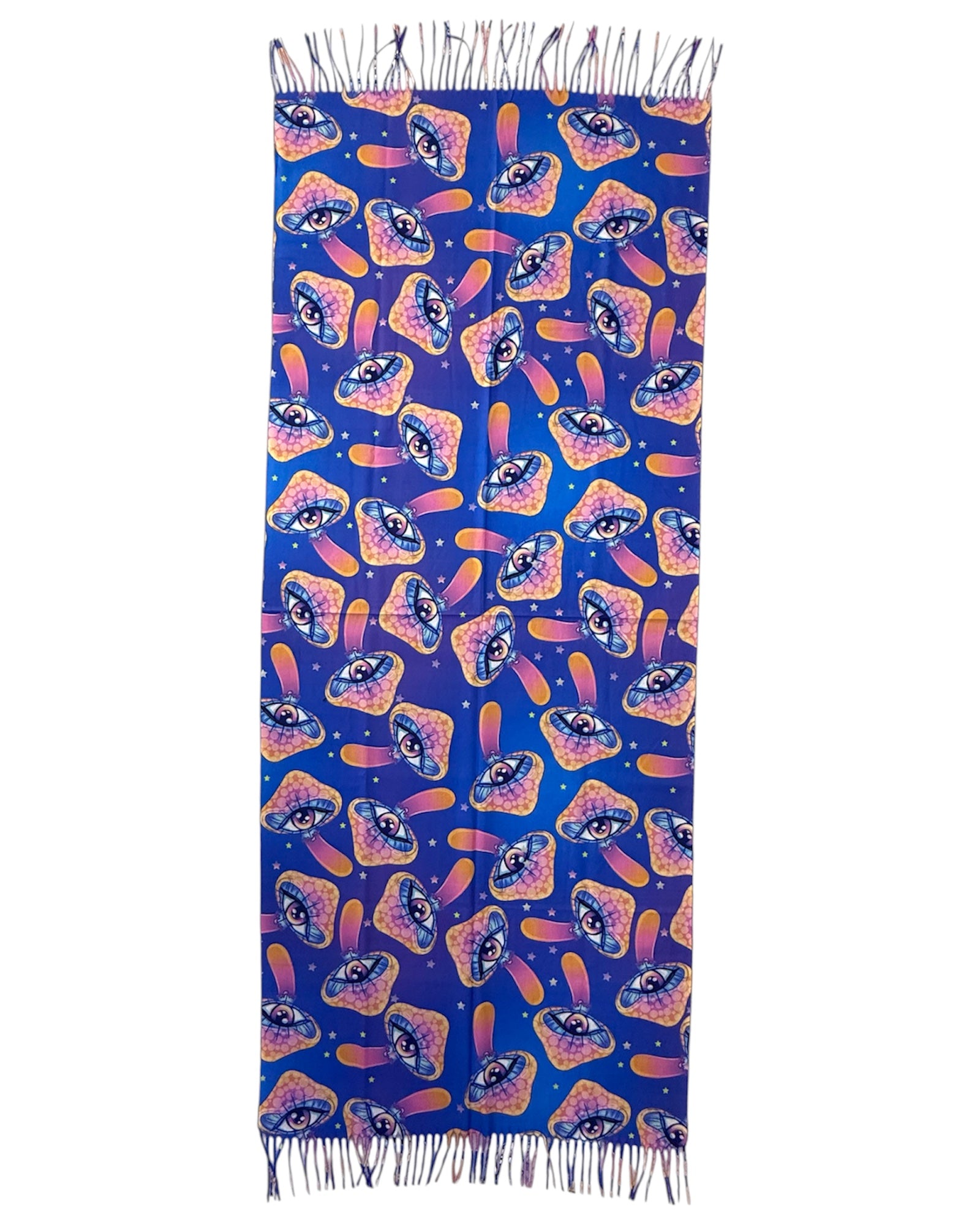 Blue rave pashmina flat lay showing psychedelic eye and mushroom print with fringe.