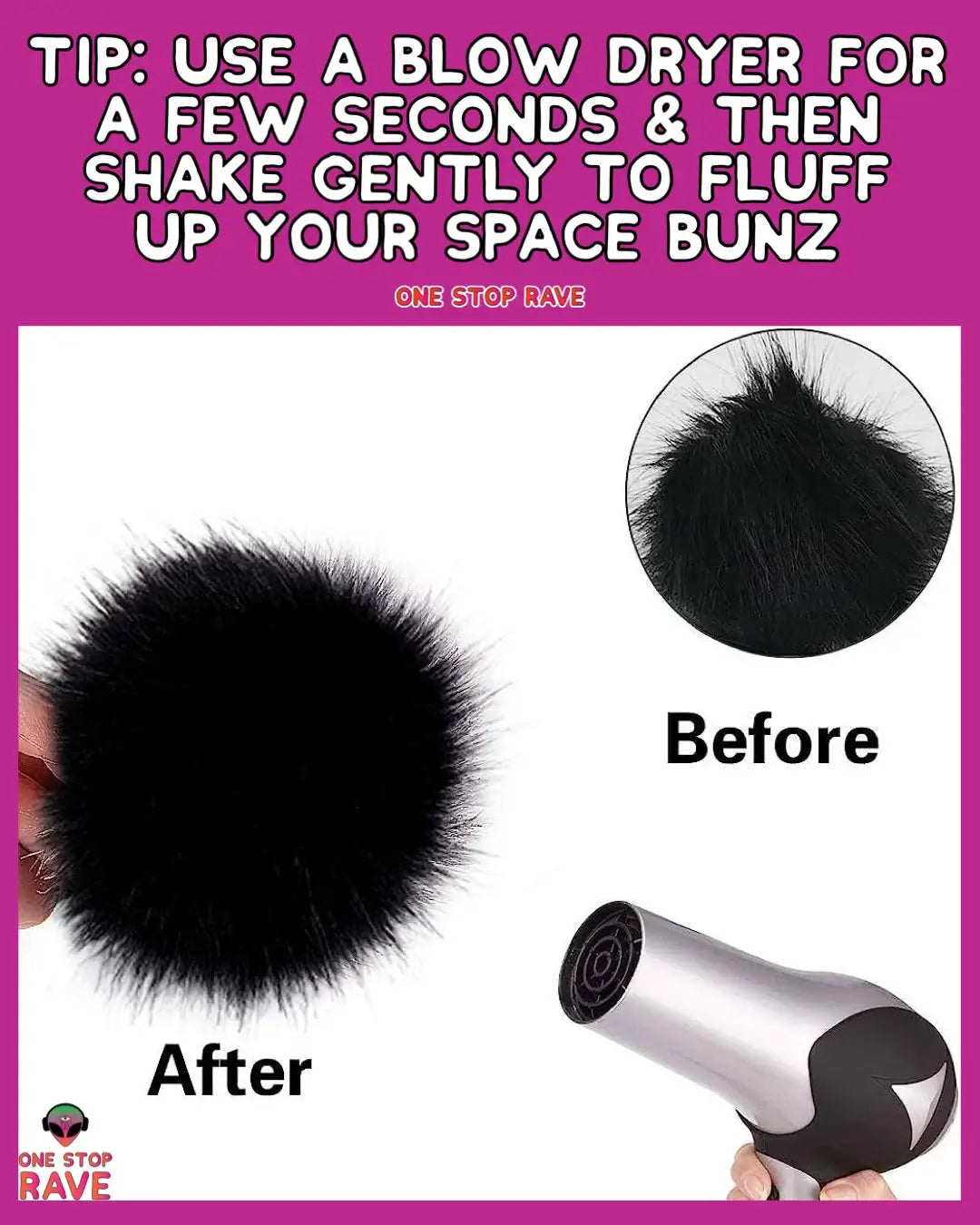 Instruction graphic showing how to fluff faux fur Space Bunz using a blow dryer, with before and after comparison.