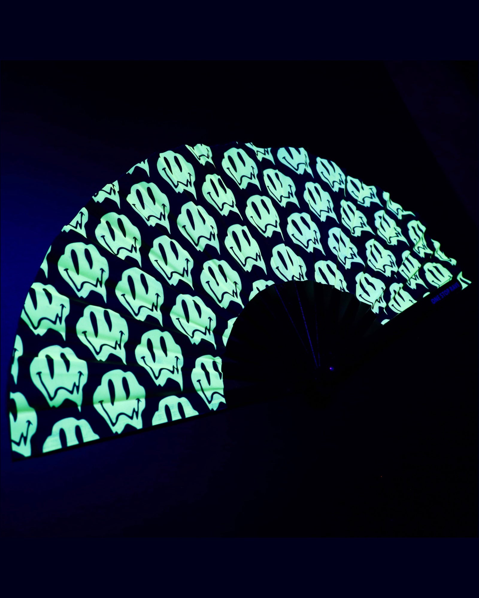 Stay Trippy hand fan UV-Reactive green glow angled blacklight