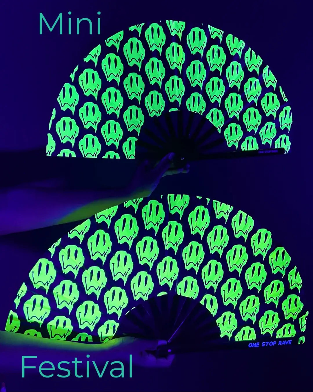 Stay Trippy hand fan mini and festival size UV-Reactive blacklight comparison.