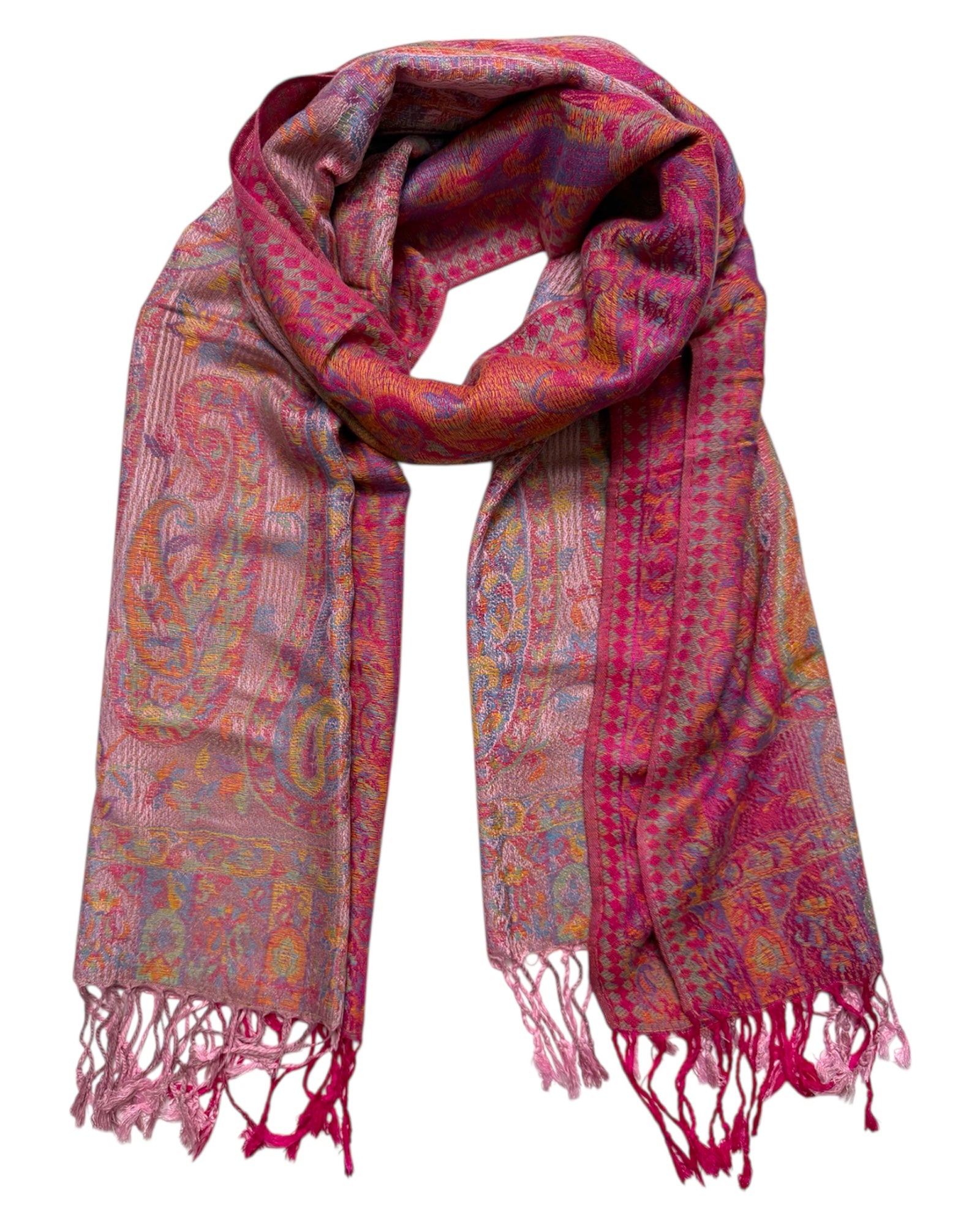 Pink patterned scarf with fringes on a white background