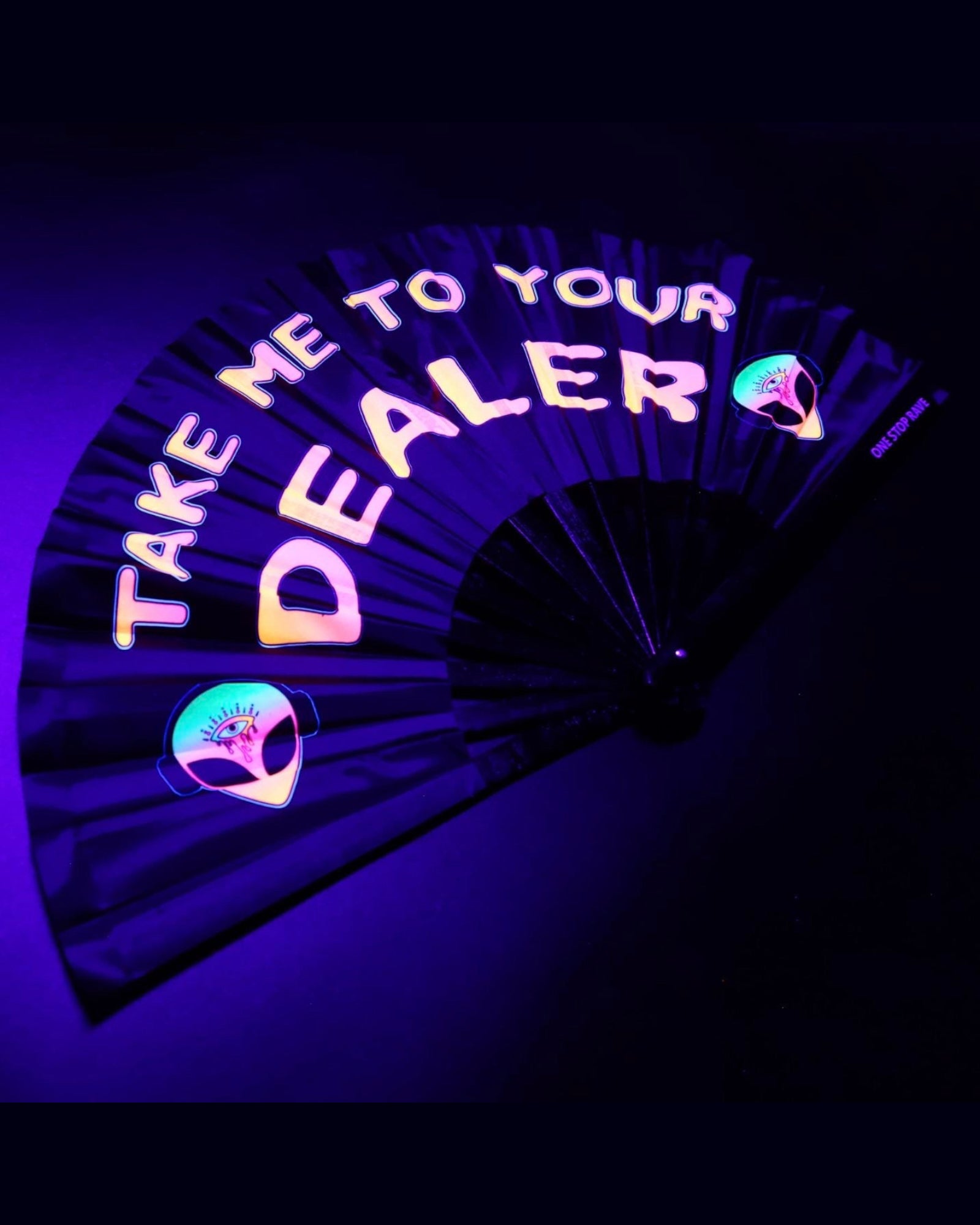 Take Me To Your Dealer hand fan UV glow detail
