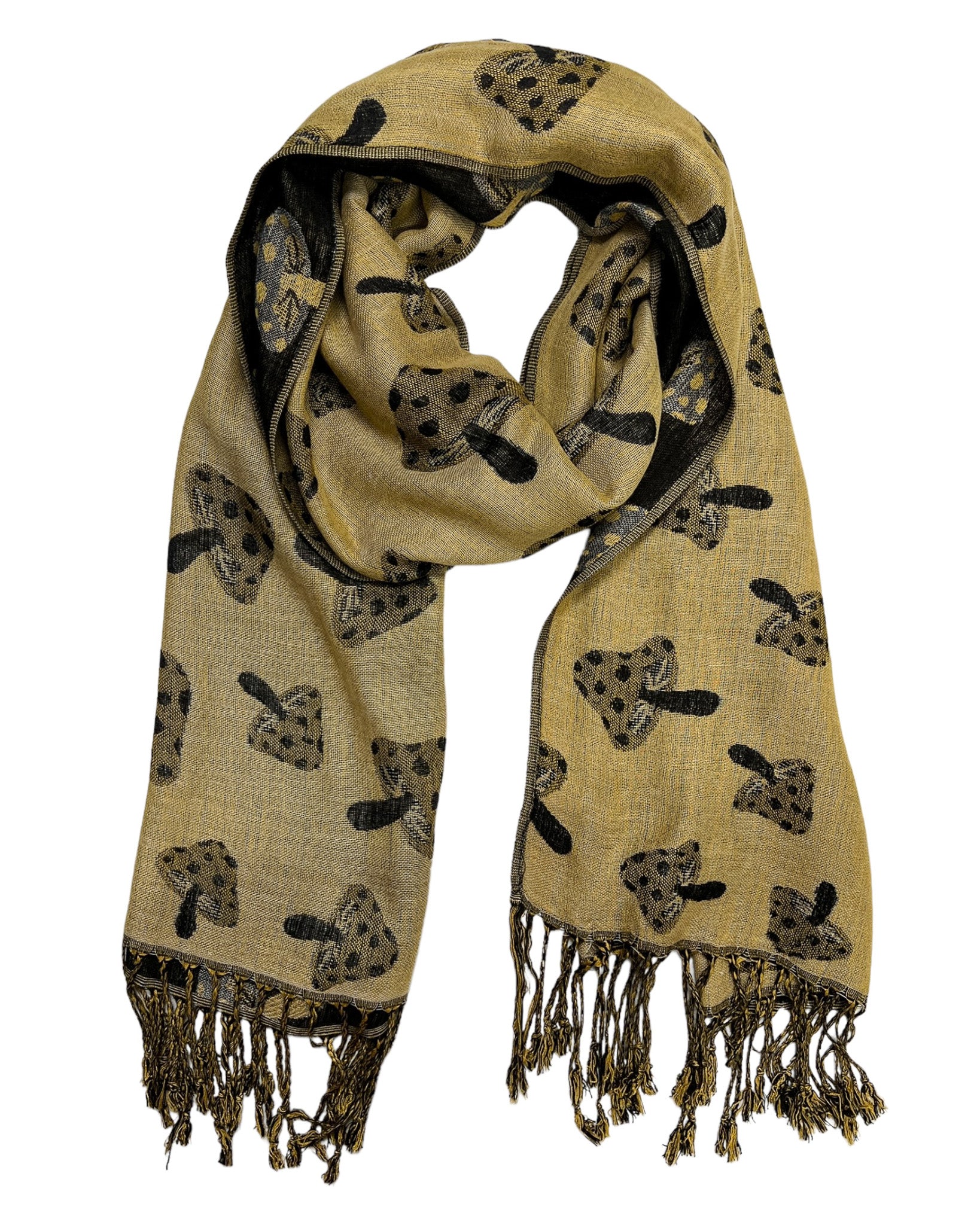A black and tan reversible pashmina with a mushroom pattern, fringes on the ends, and a silky, wrinkle-free finish.