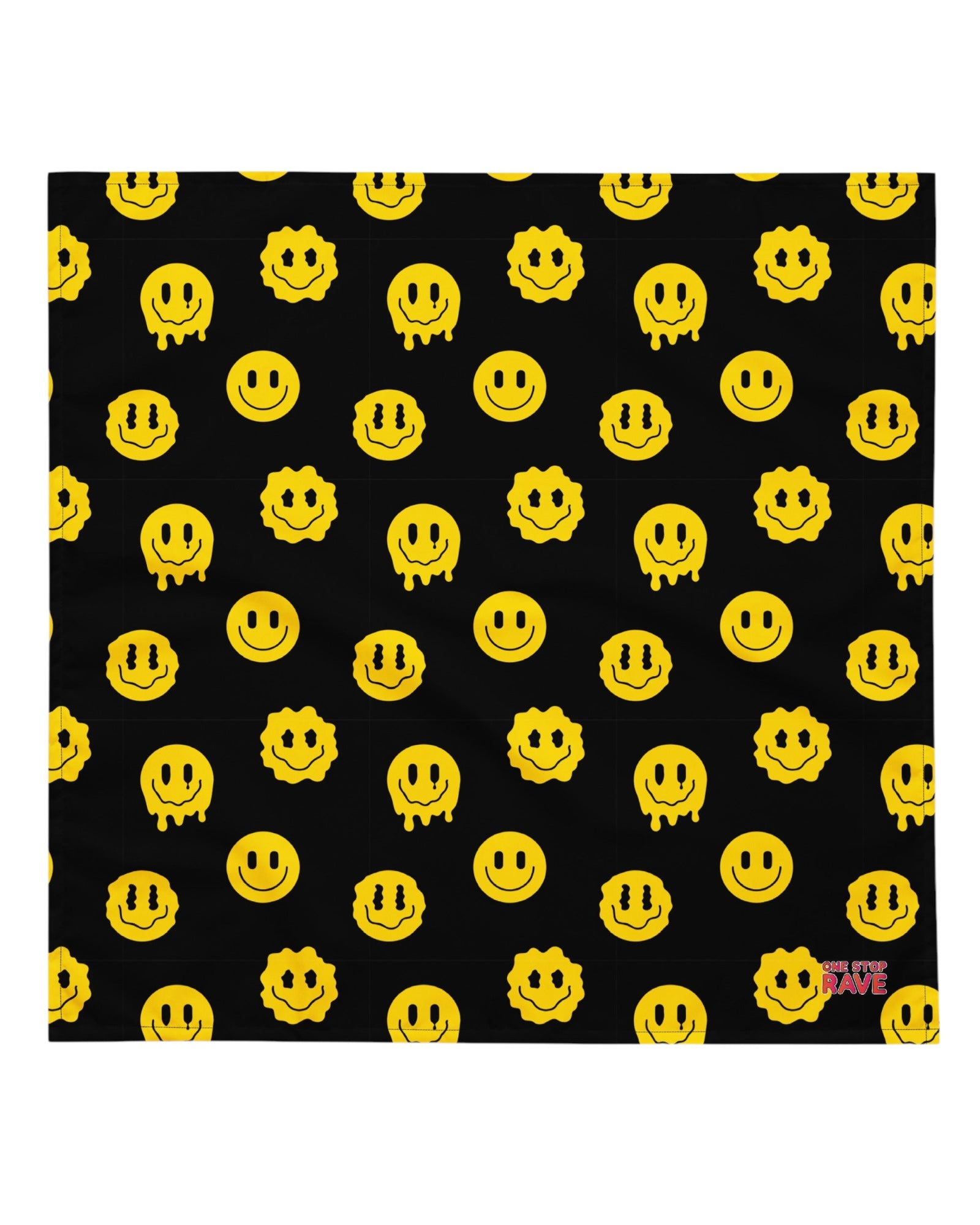 Close-up of the Trippie Bandana with yellow smiley faces - The pattern shows various smiley face expressions, adding a playful vibe to rave outfits
