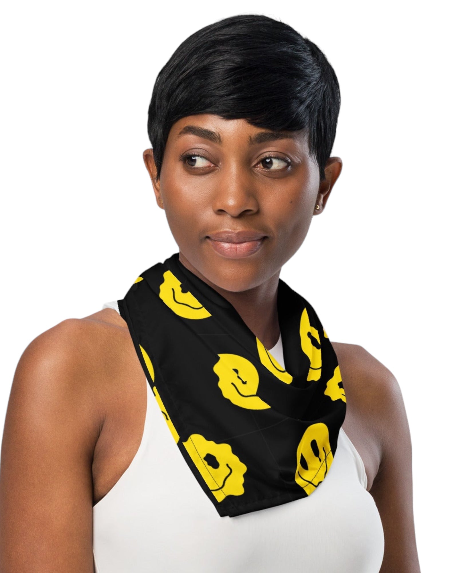 Woman wearing the Trippie Bandana around her neck - Features a vibrant yellow smiley face pattern on a black background, adding a bold touch to her rave outfit.