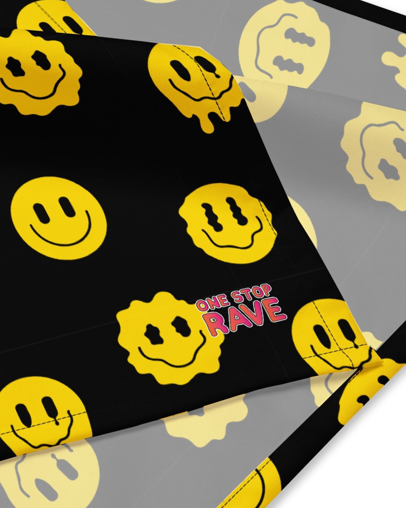 Close up of the One Stop Rave logo on the One Stop Rave Trippie Bandana