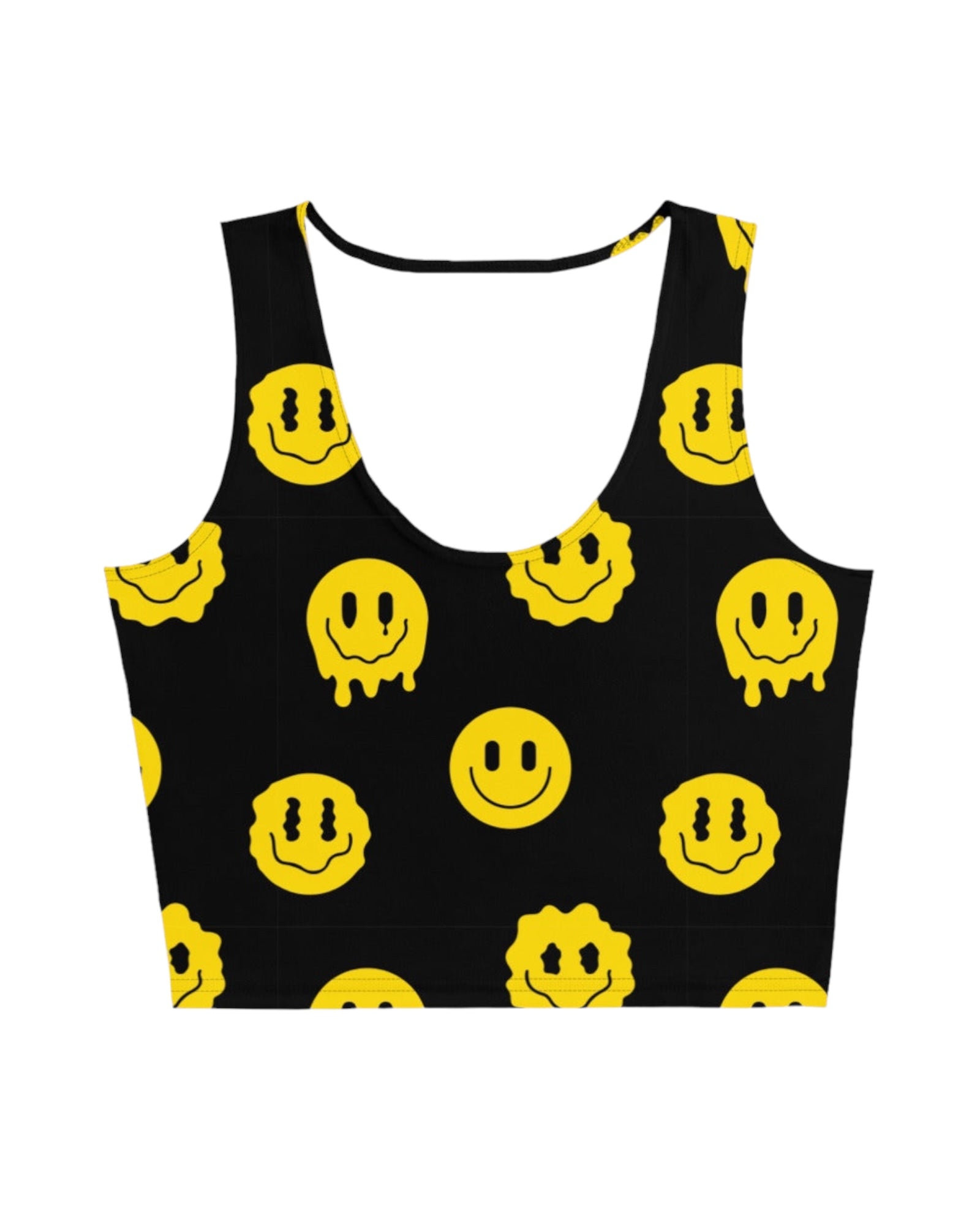 Front view of Trippie Crop Top model - Displaying the front design of the crop top with yellow smiley faces, perfect for a black and yellow rave outfit.