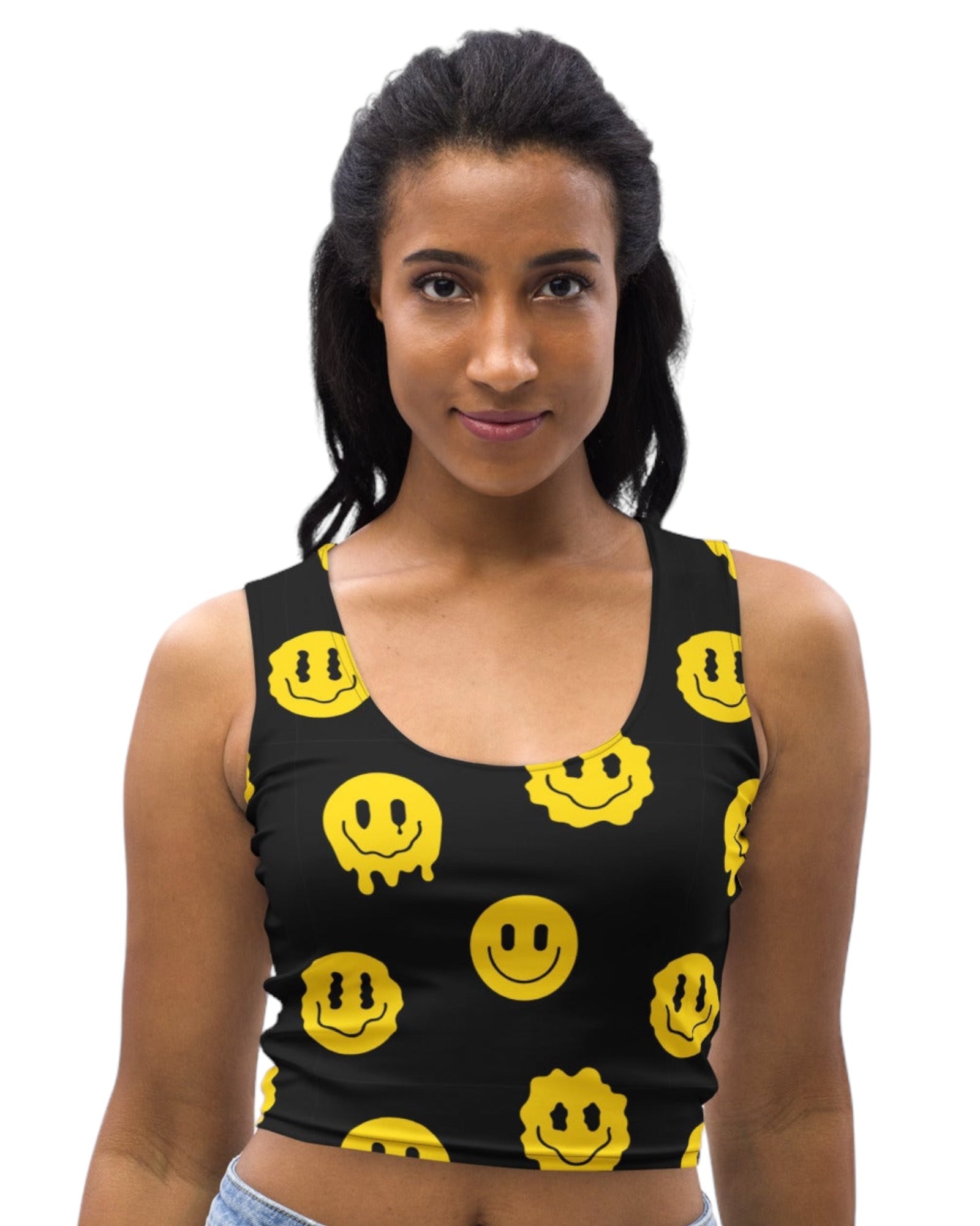 Woman wearing Trippie Crop Top by One Stop Rave - Black crop top with yellow smiley faces, a unique addition to a rave outfit
