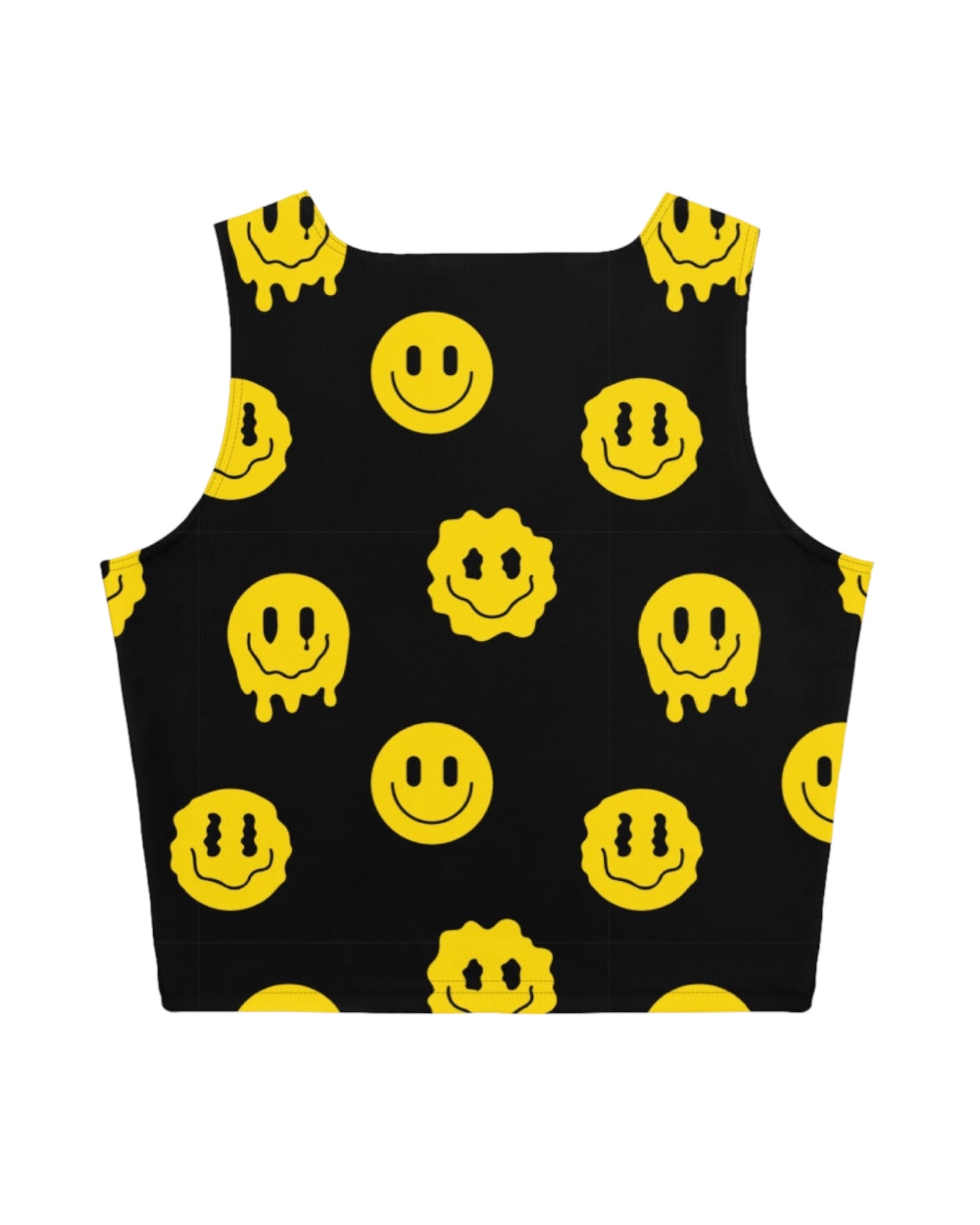 Back view of Trippie Crop Top - Patterned with yellow smiley faces on black, showcasing the back design of this crop top for rave wear.