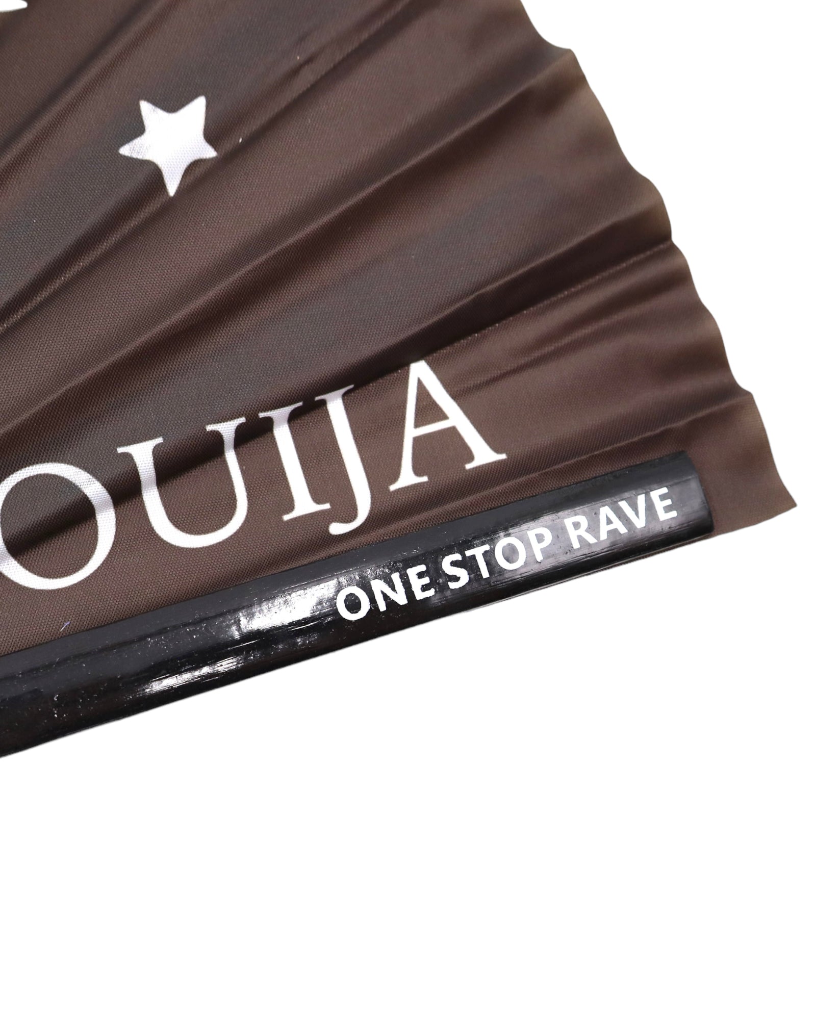 Wake the Dead hand fan Ouija text and One Stop Rave handle close up.