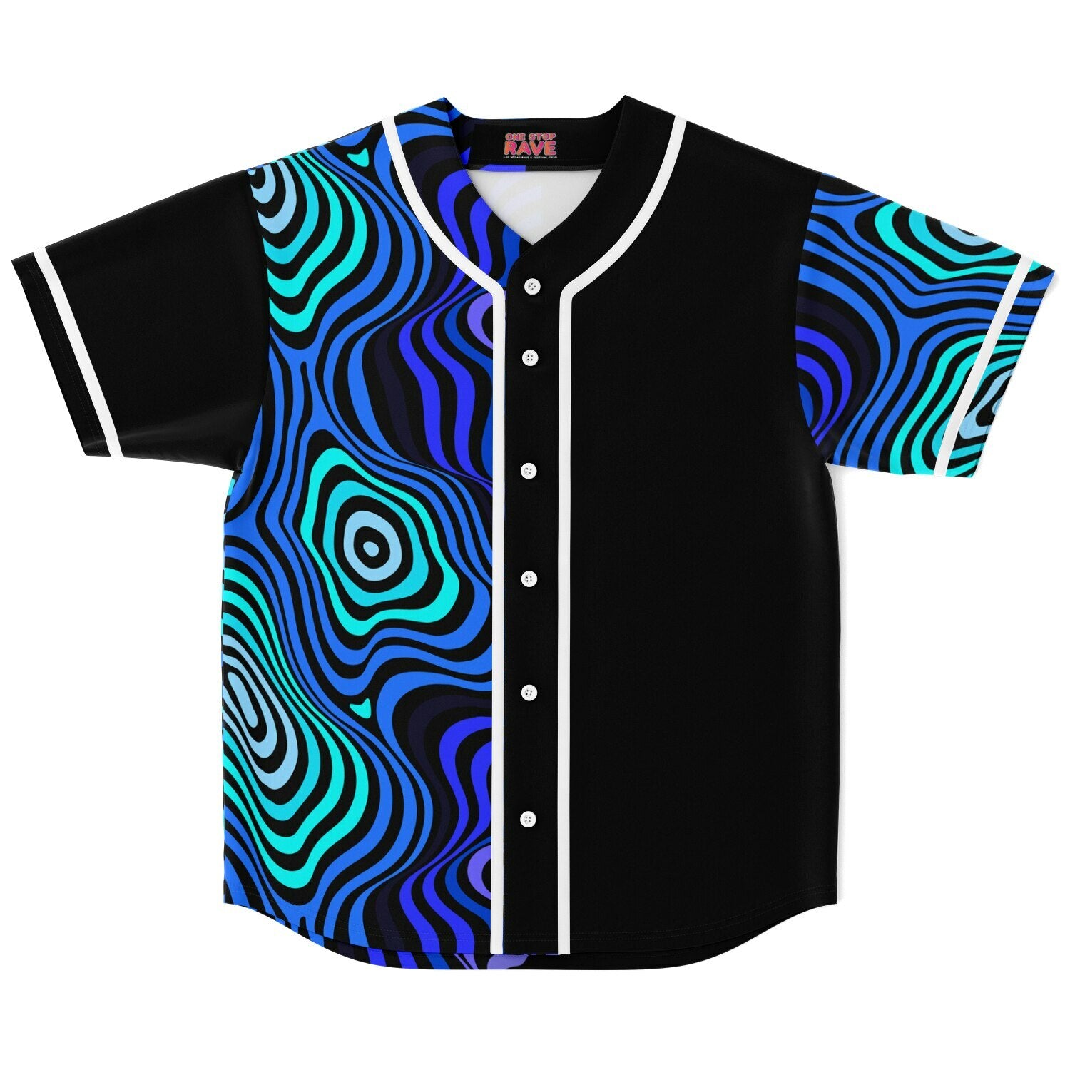 Wonky blue psychedelic rave baseball jersey front view
