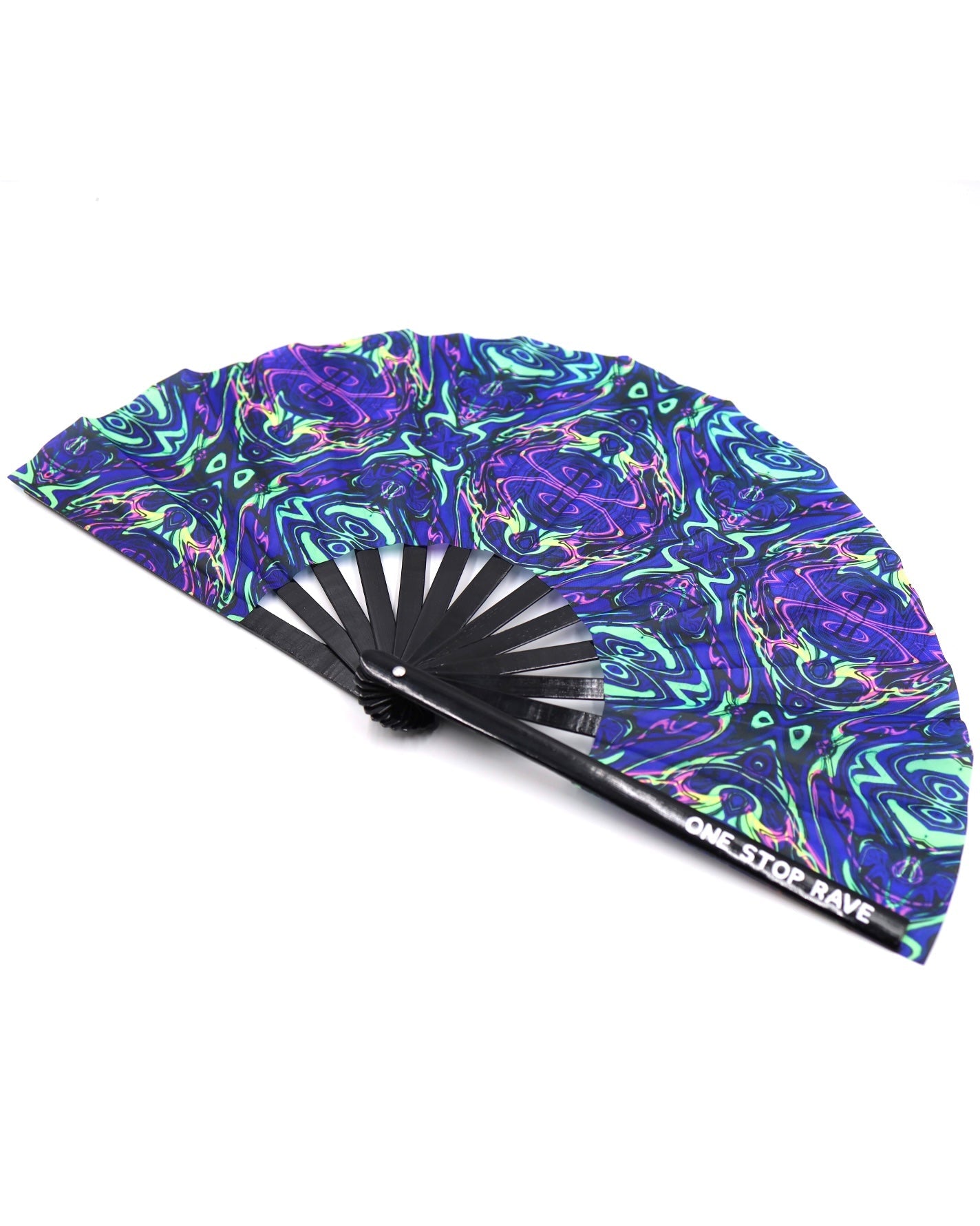 Angled view of the Acid Melt bamboo festival hand fan.