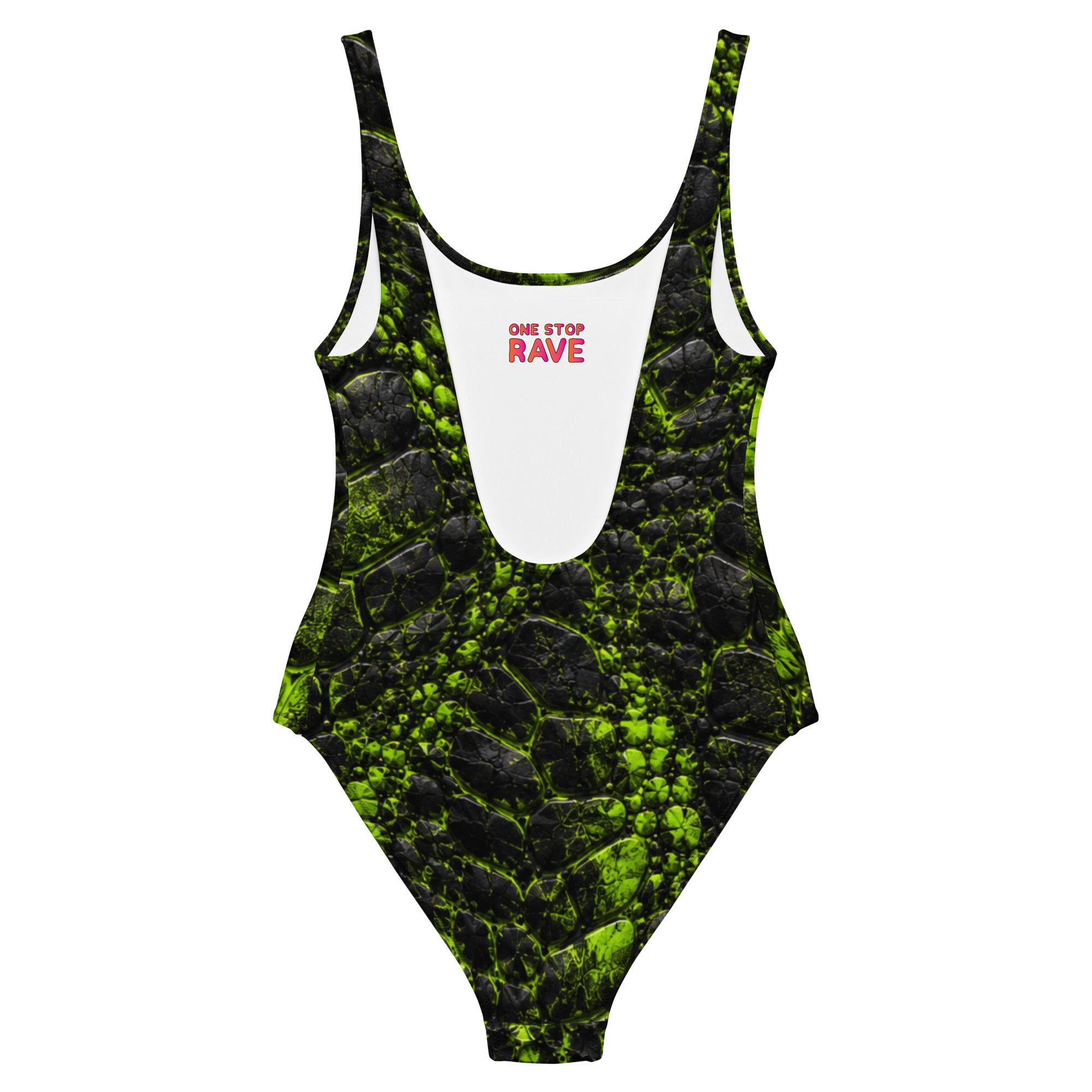 One-shoulder low-back bodysuit with black and neon green cracked prehistoric texture print and white back panel logo.
