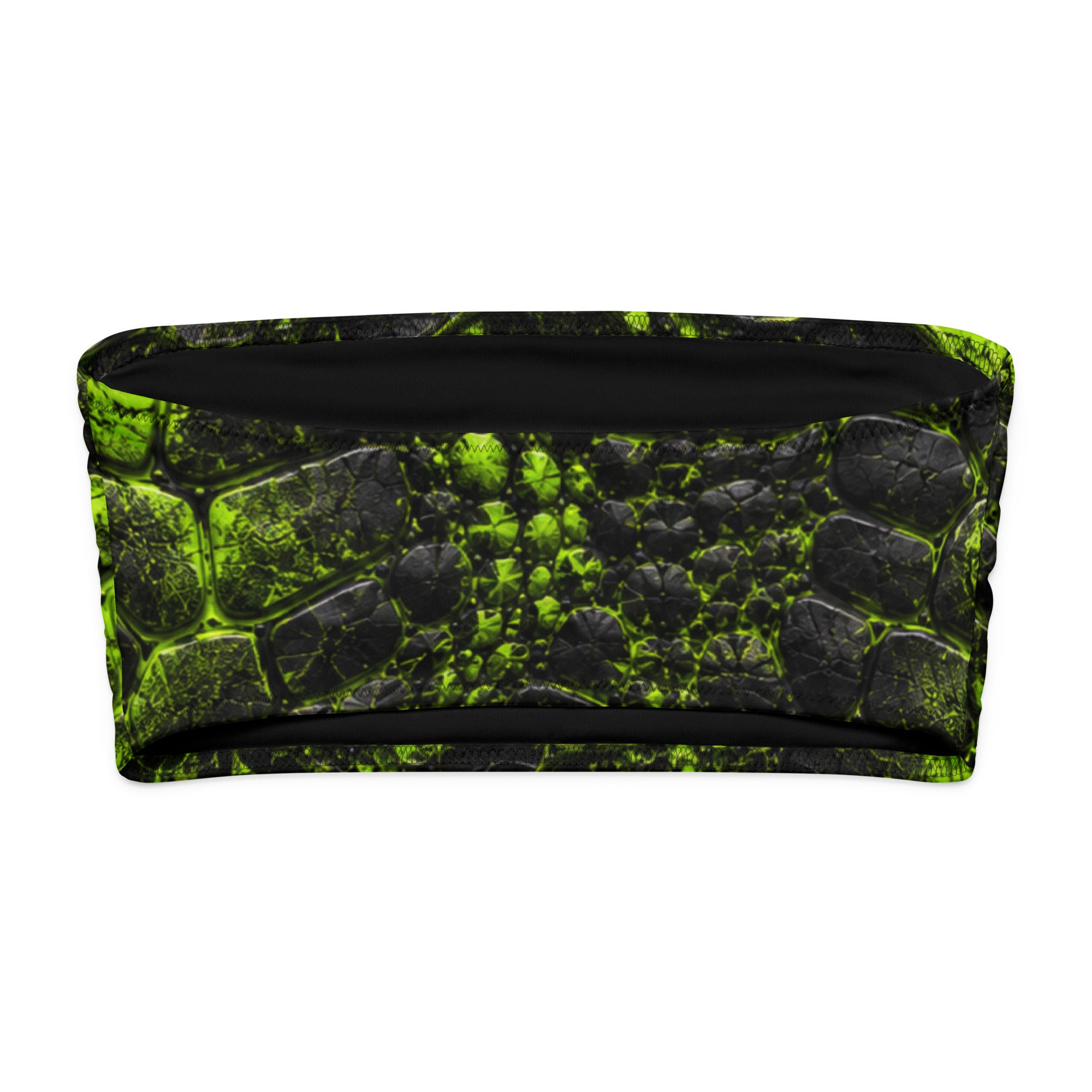 Black and neon green bandeau top with a prehistoric cracked-texture print, shown flat-lay from above.