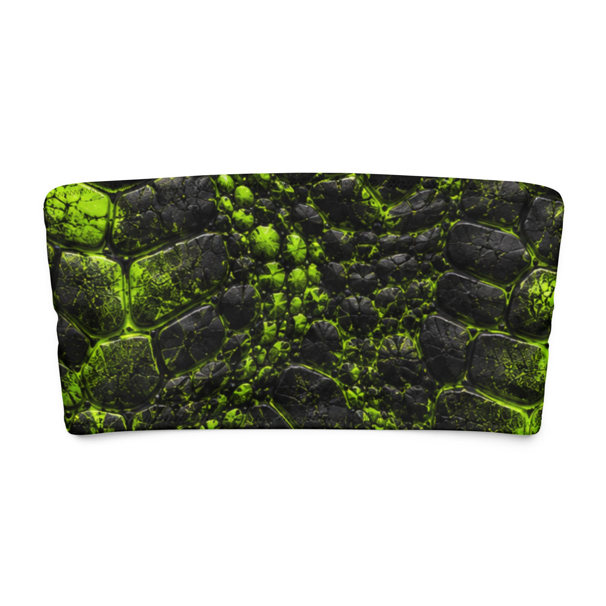 Black bandeau top with neon green cracked, prehistoric-inspired texture print.