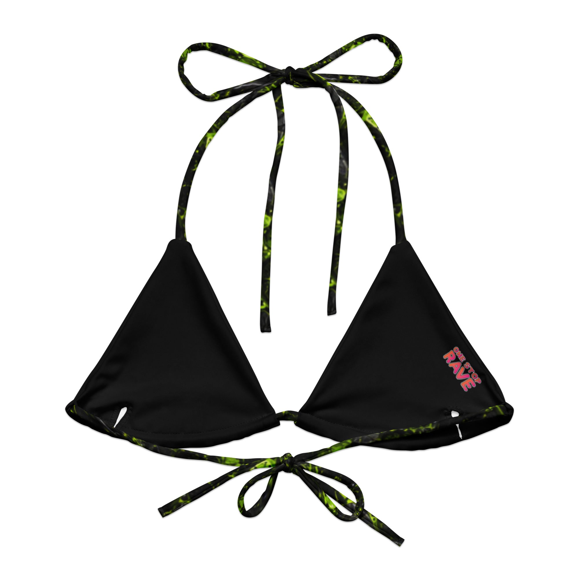 Black triangle bikini top with neon green cracked-texture ties and "One Stop Rave" logo print.
