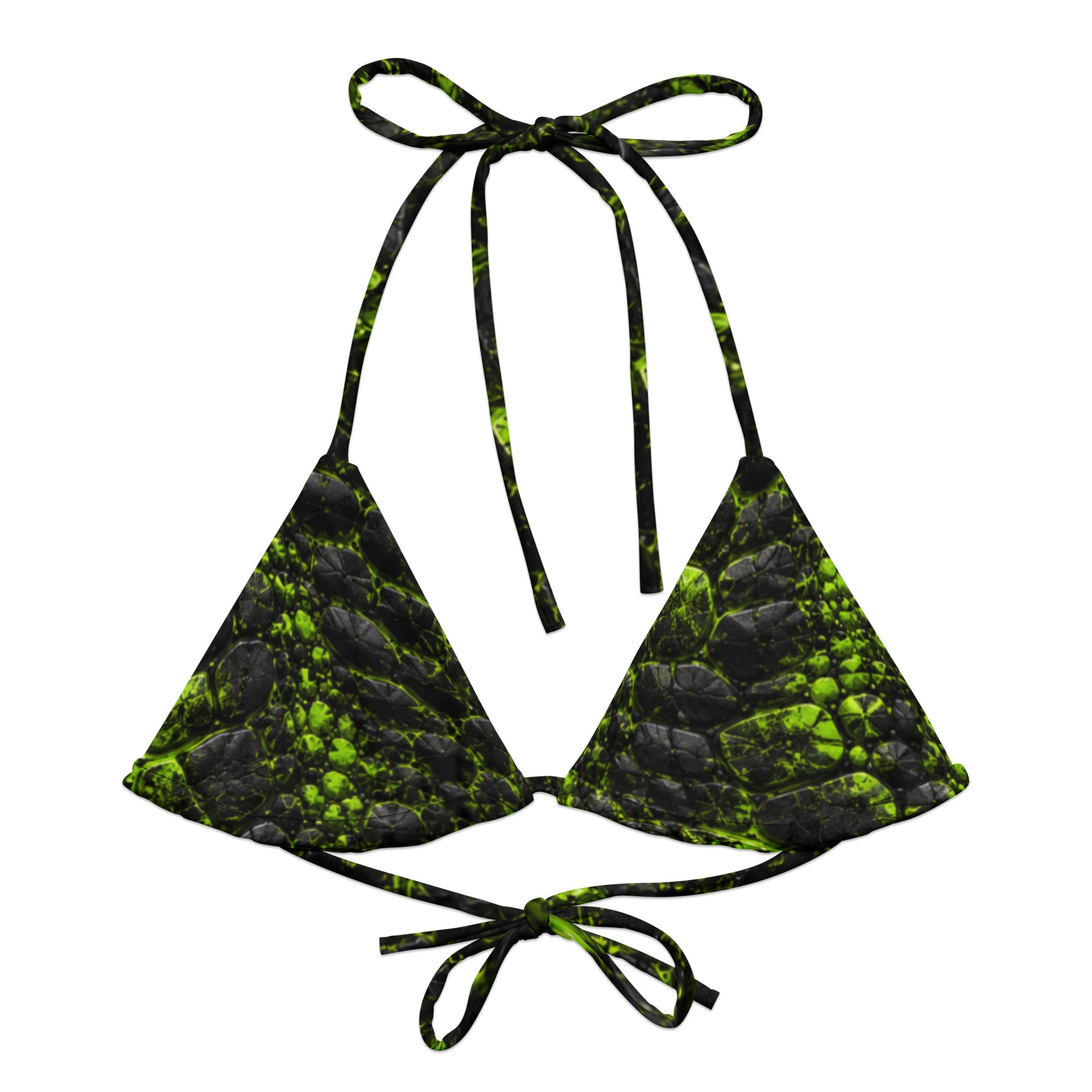 Black and neon green triangle bikini top with a prehistoric cracked-texture print and adjustable ties.