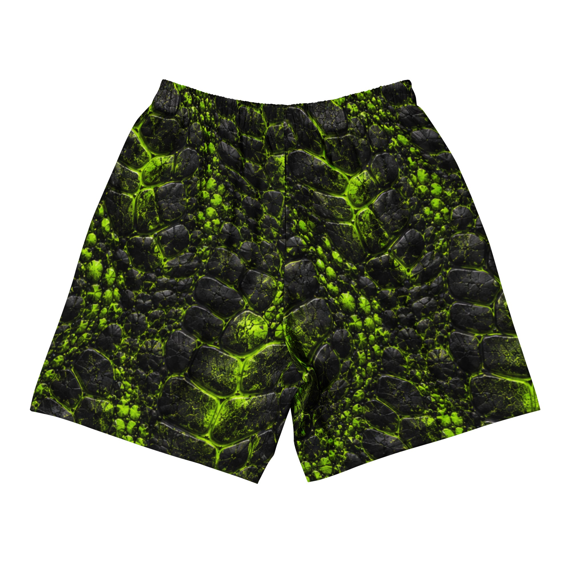 Black and neon green athletic shorts with a prehistoric cracked-texture print, back view.