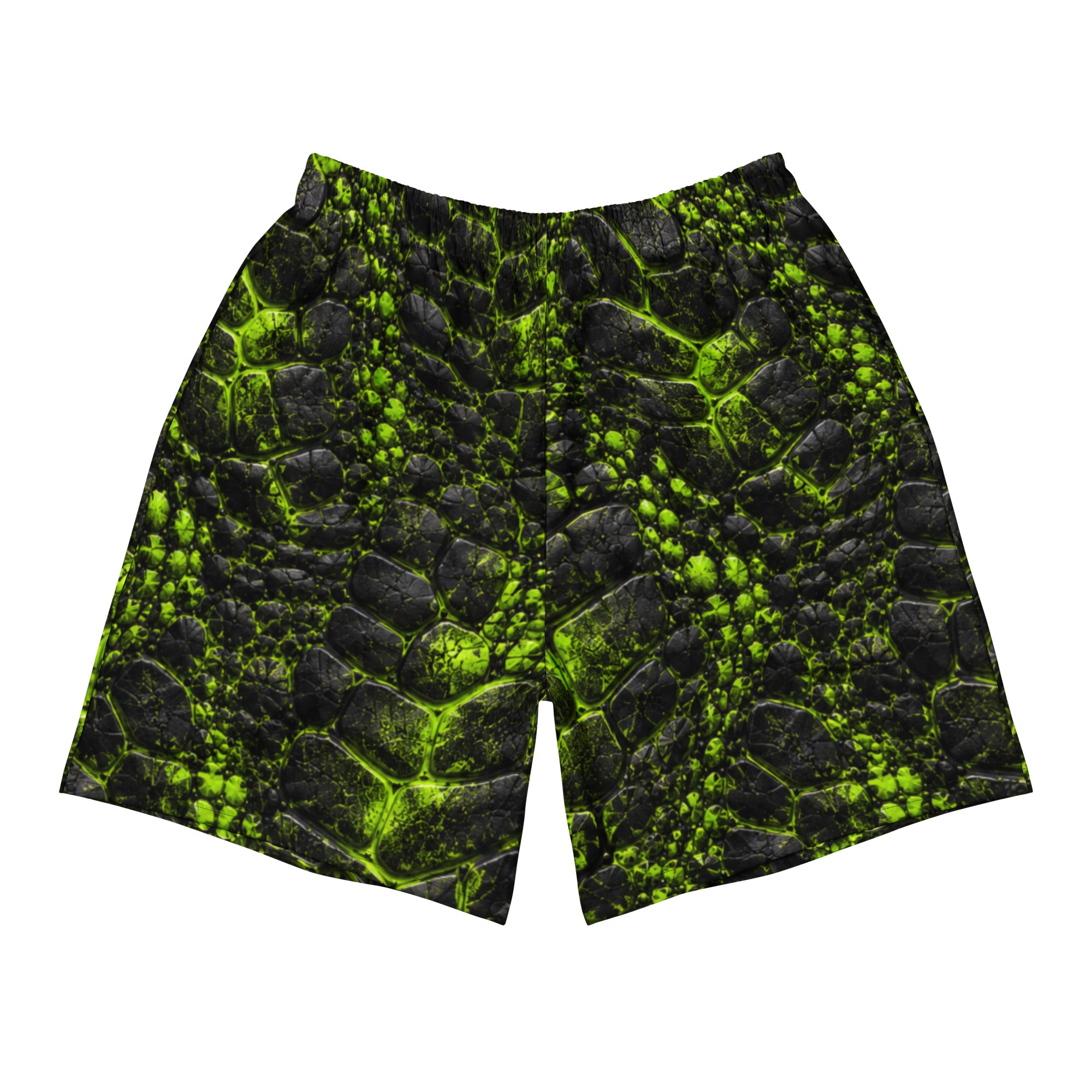Black athletic shorts with a neon green cracked, prehistoric-inspired reptilian scale texture print, back view.