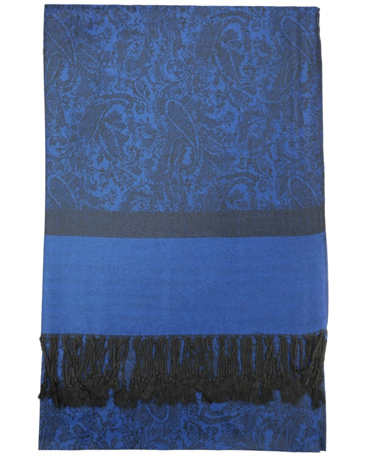 A blue and black paisley pattern pashmina with fringes, displayed in a wrapped style.