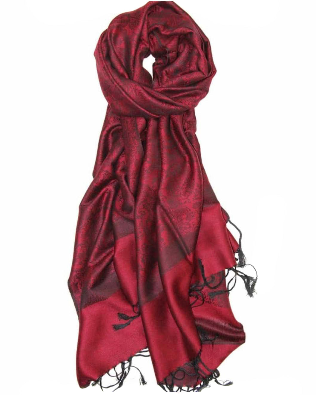 Red scarf with black patterns on a white background