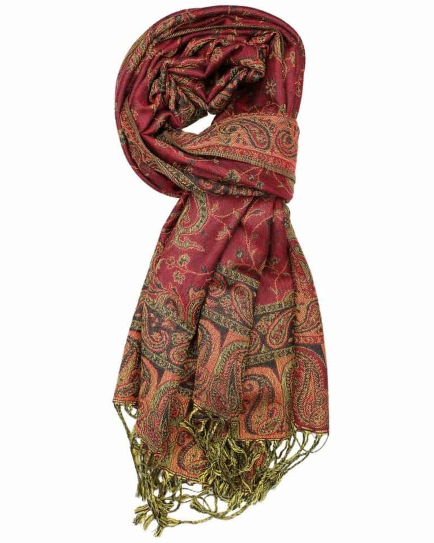 A reversible pashmina scarf with a paisley pattern in burgundy and gold colors, with fringes on the ends.