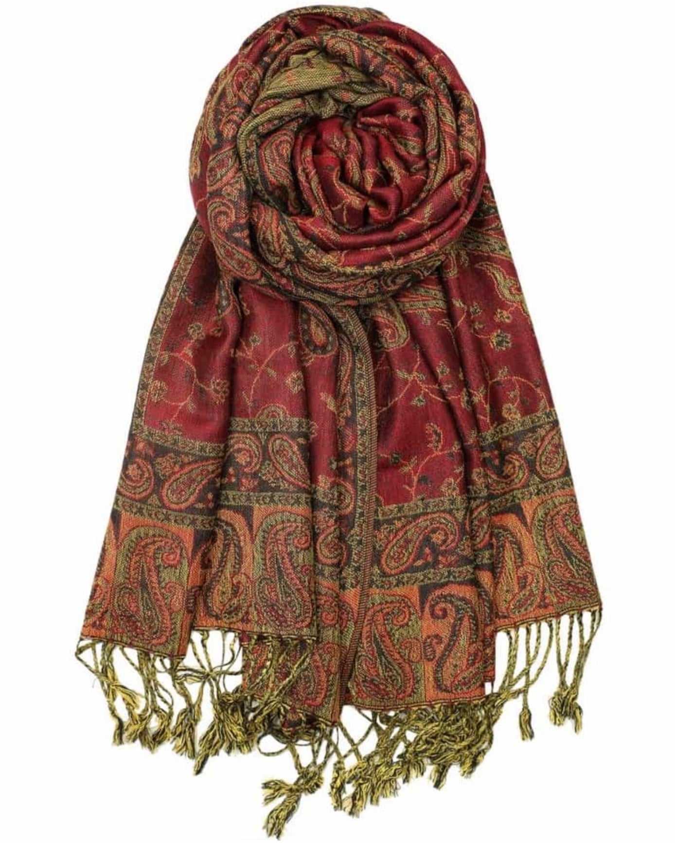 A reversible pashmina scarf with a paisley pattern in burgundy and gold colors, with fringes on the ends.