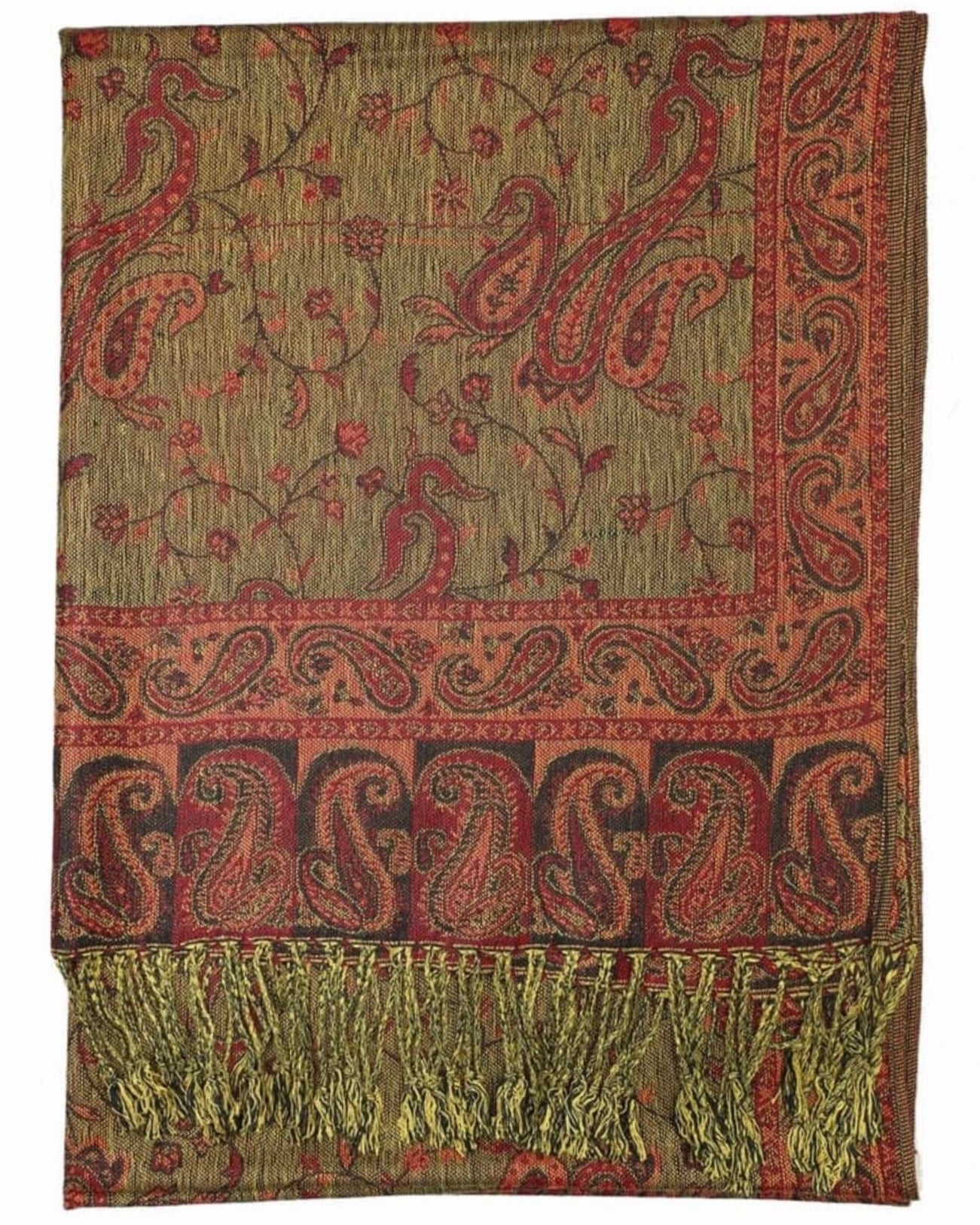 A reversible pashmina scarf with a paisley pattern in burgundy and gold colors, with fringes on the ends.