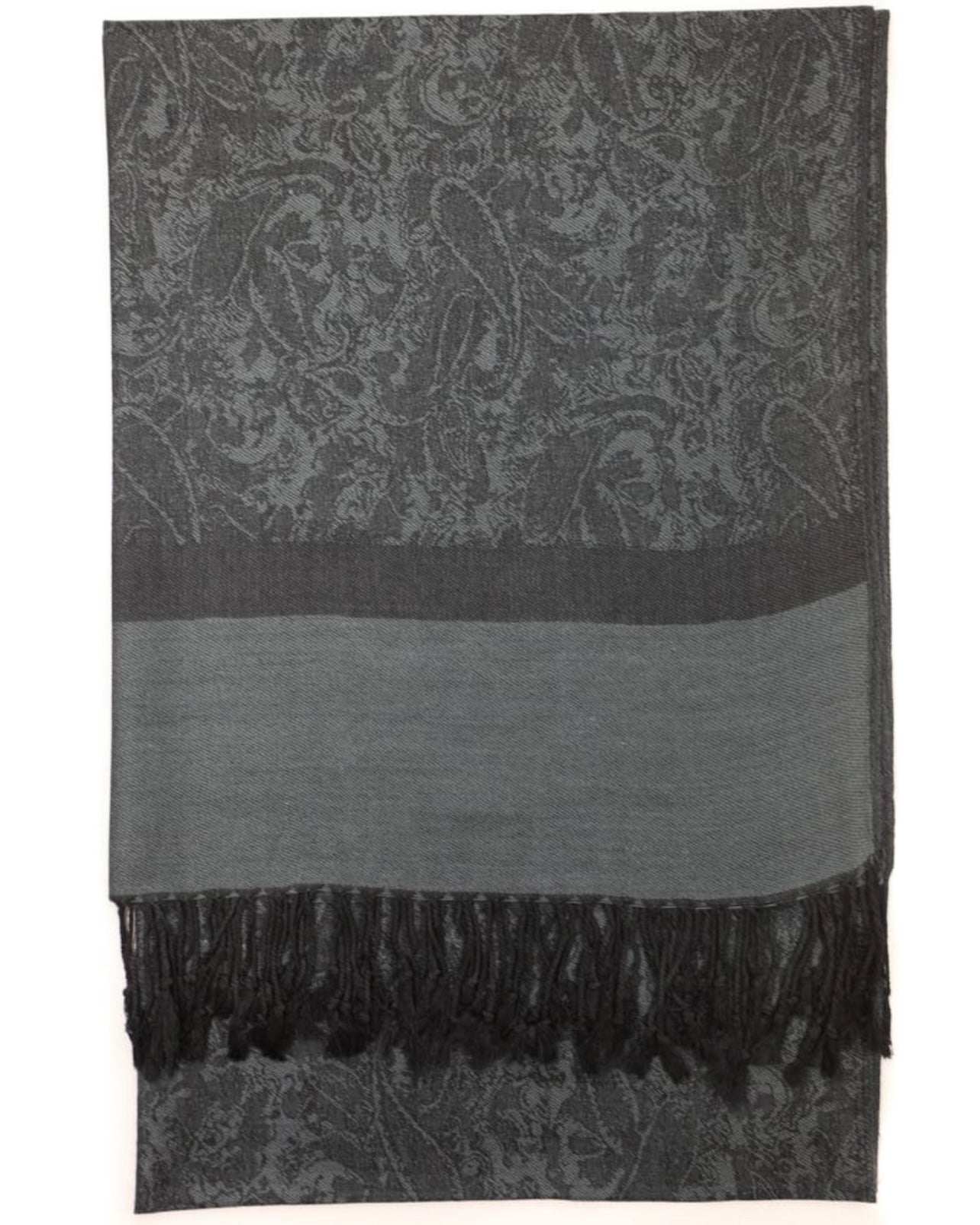 A charcoal gray pashmina with an all paisley pattern, draped around a virtual mannequin with fringes visible on the sides.