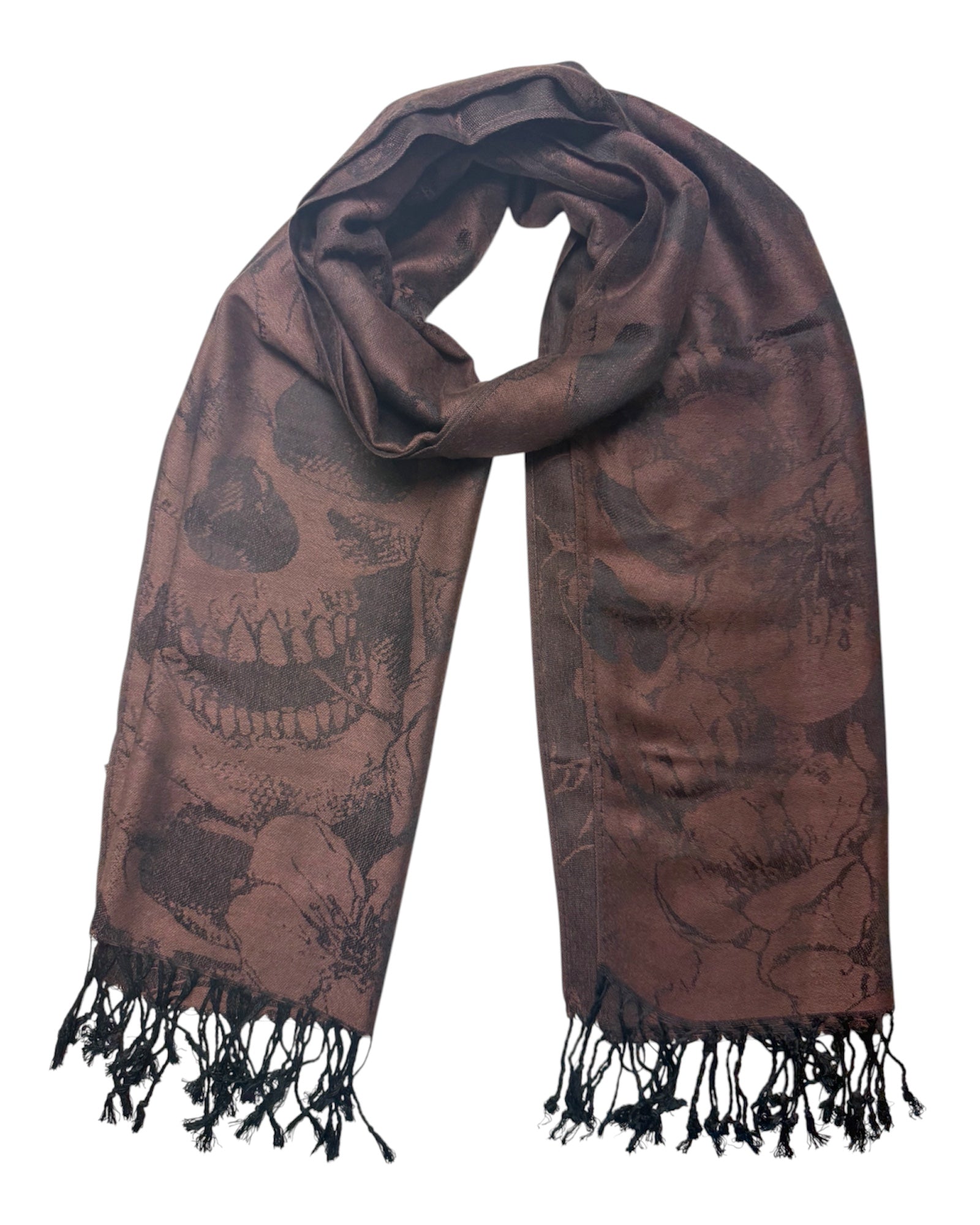 Brown scarf with black patterns and fringes on a white background
