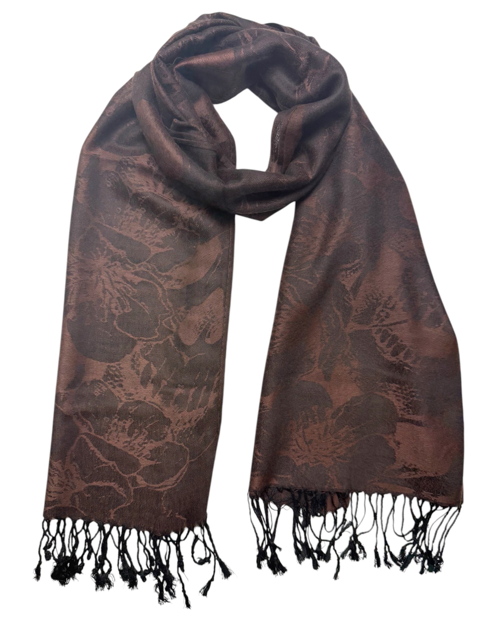 Brown patterned scarf with black tassels on a white background